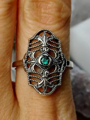 Natural Green Emerald Ring, Fleur de Lis Jewelry, Art Deco Vintage Jewelry #D216