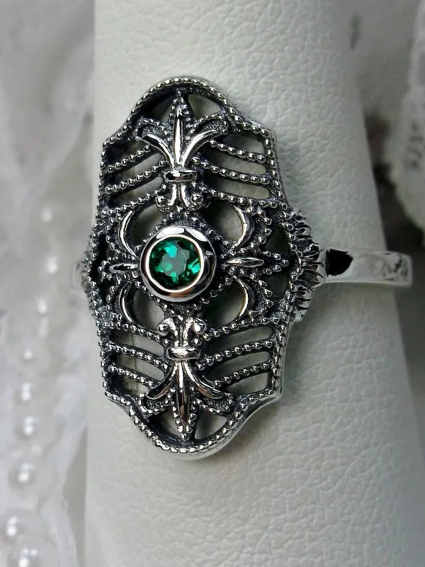 Natural Green Emerald Ring, Fleur de Lis Jewelry, Art Deco Vintage Jewelry #D216