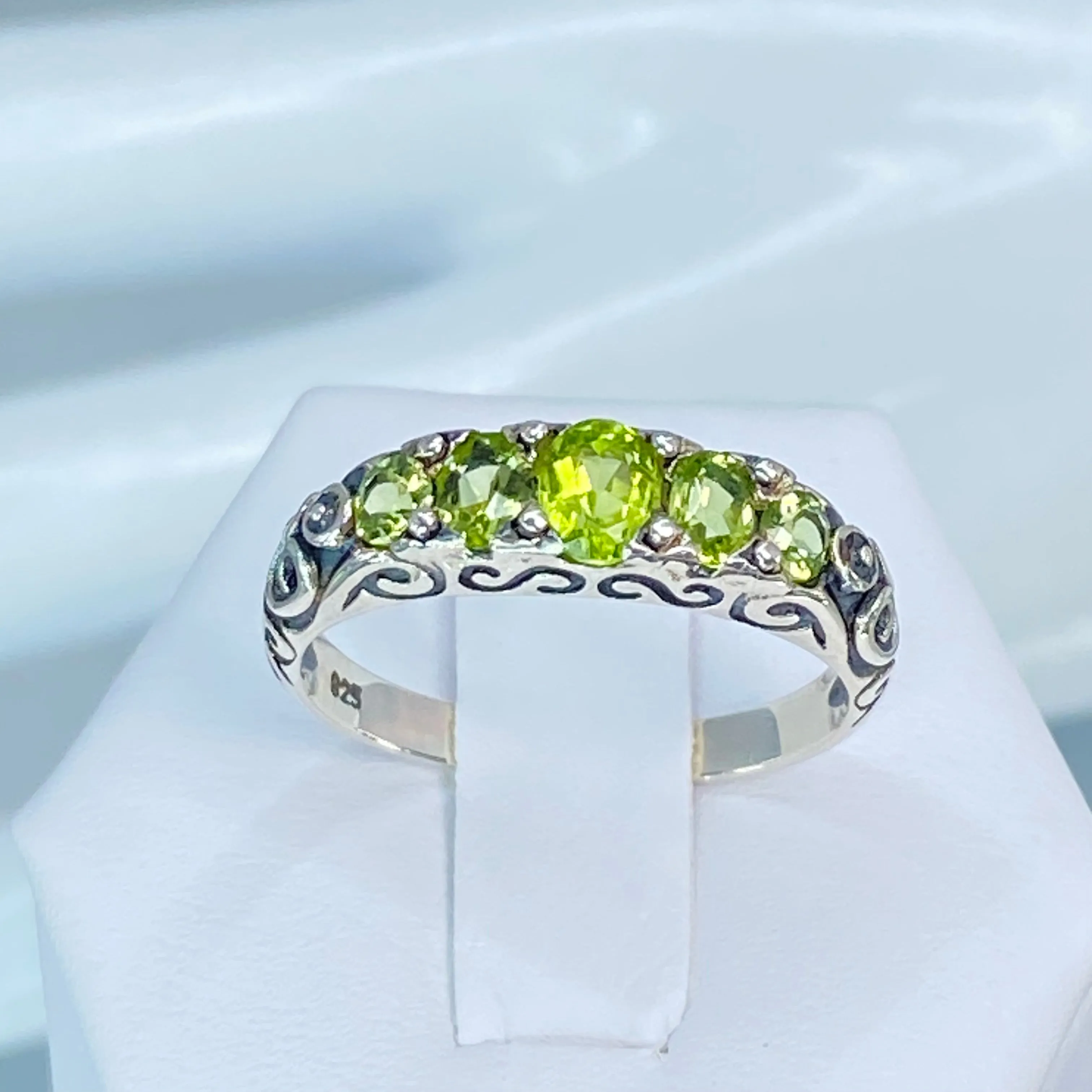 Natural Green Peridot Ring, 5-Stone Georgian Ring, Victorian Jewelry Design#D19