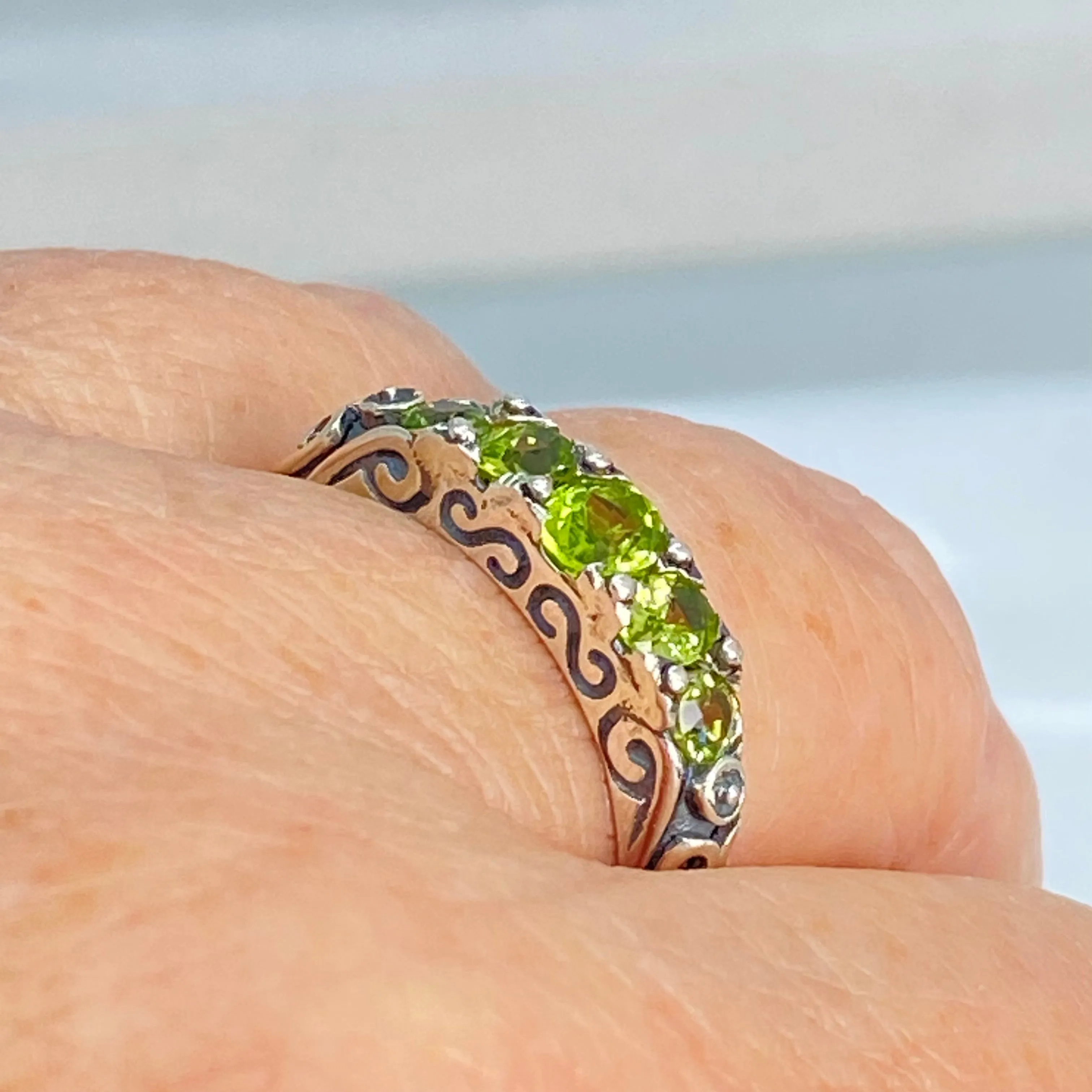 Natural Green Peridot Ring, 5-Stone Georgian Ring, Victorian Jewelry Design#D19