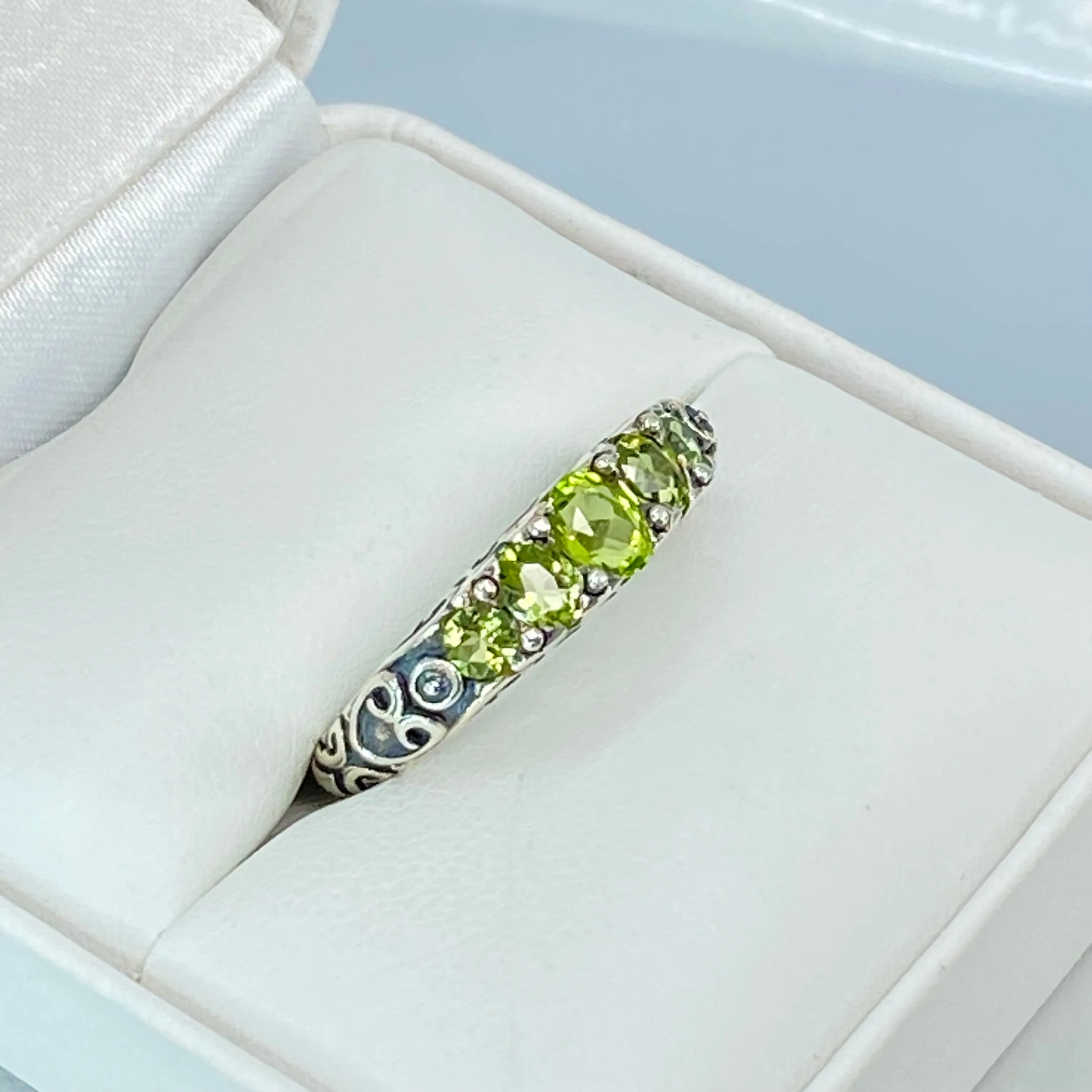 Natural Green Peridot Ring, 5-Stone Georgian Ring, Victorian Jewelry Design#D19