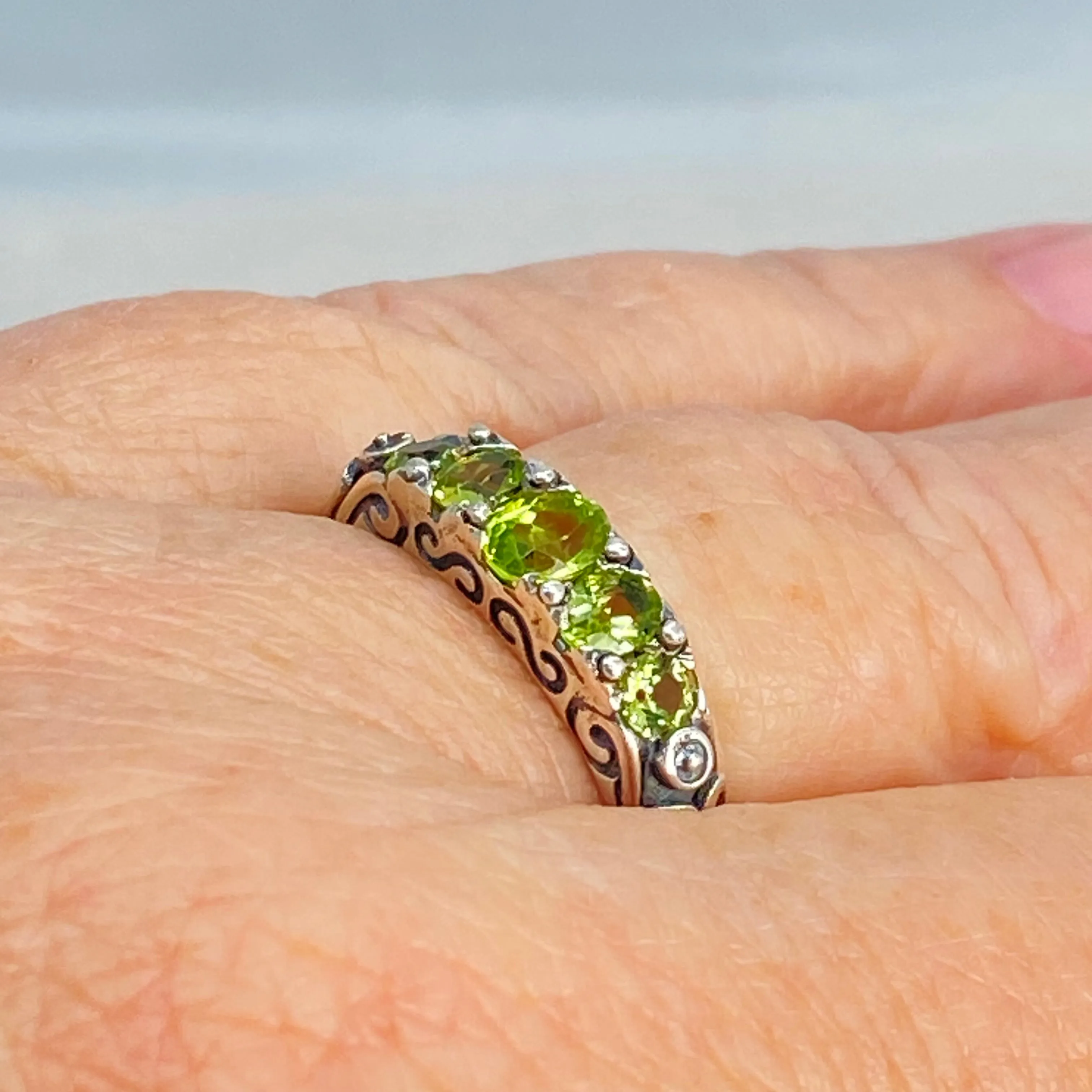 Natural Green Peridot Ring, 5-Stone Georgian Ring, Victorian Jewelry Design#D19