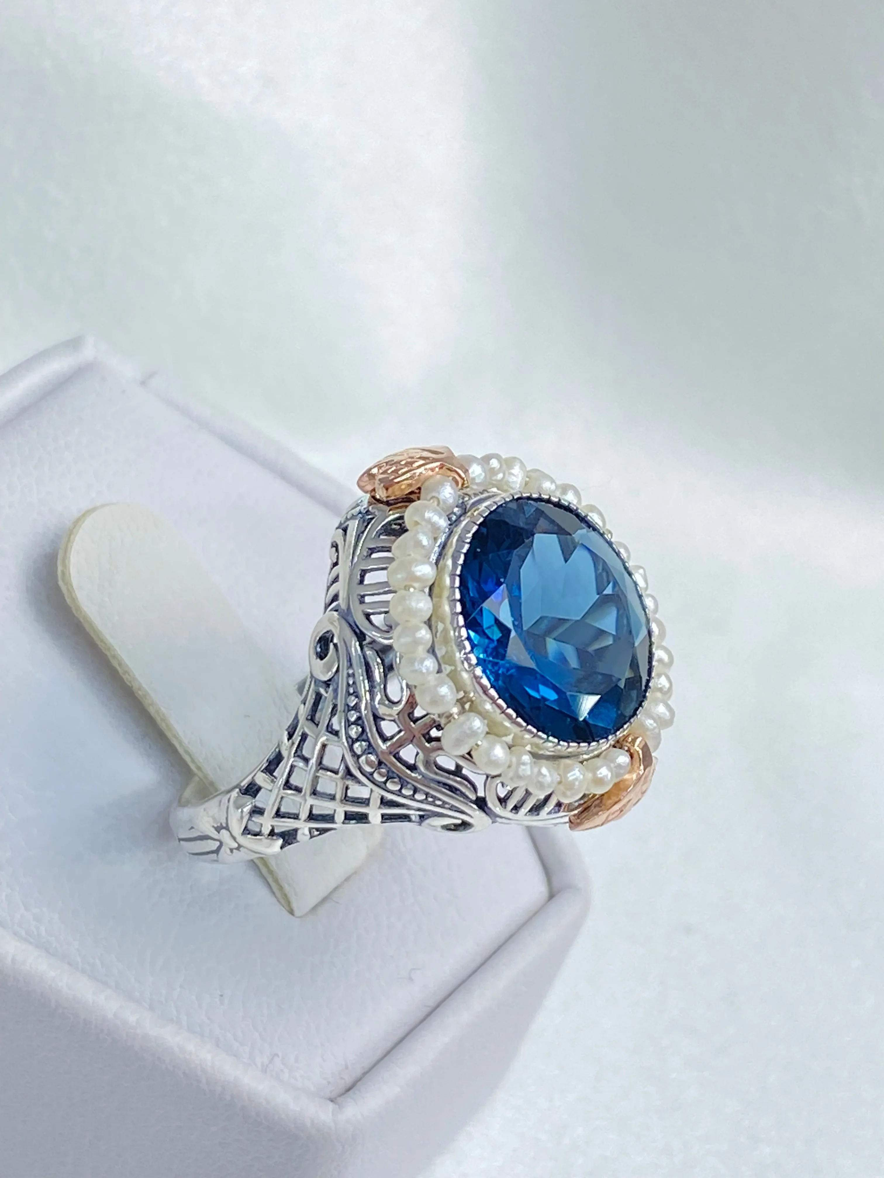 Natural London Blue Topaz & Seed Pearl Ring, Size 7, Victorian Filigree Jewelry #D238 - Ready to Ship