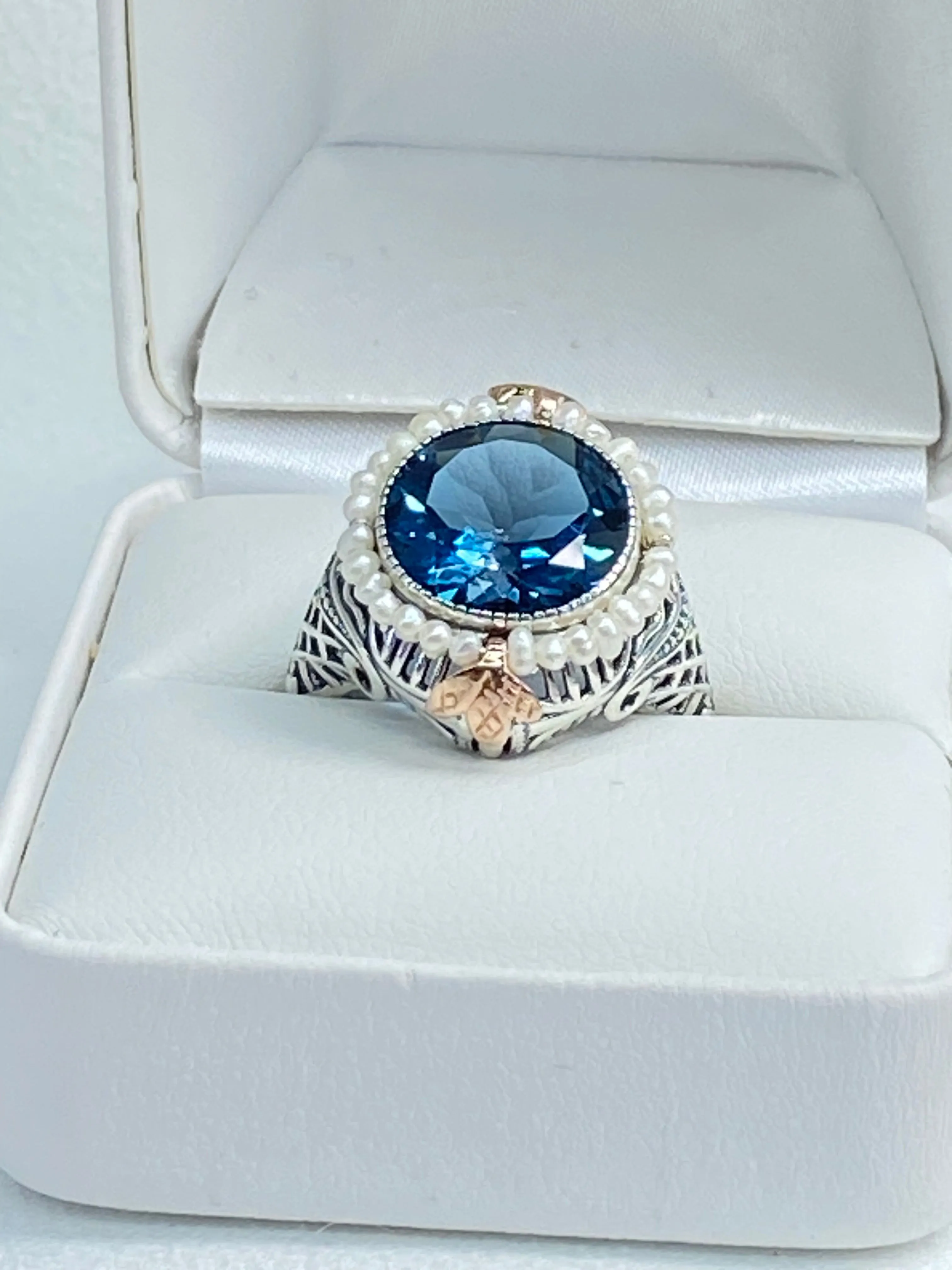 Natural London Blue Topaz & Seed Pearl Ring, Size 7, Victorian Filigree Jewelry #D238 - Ready to Ship