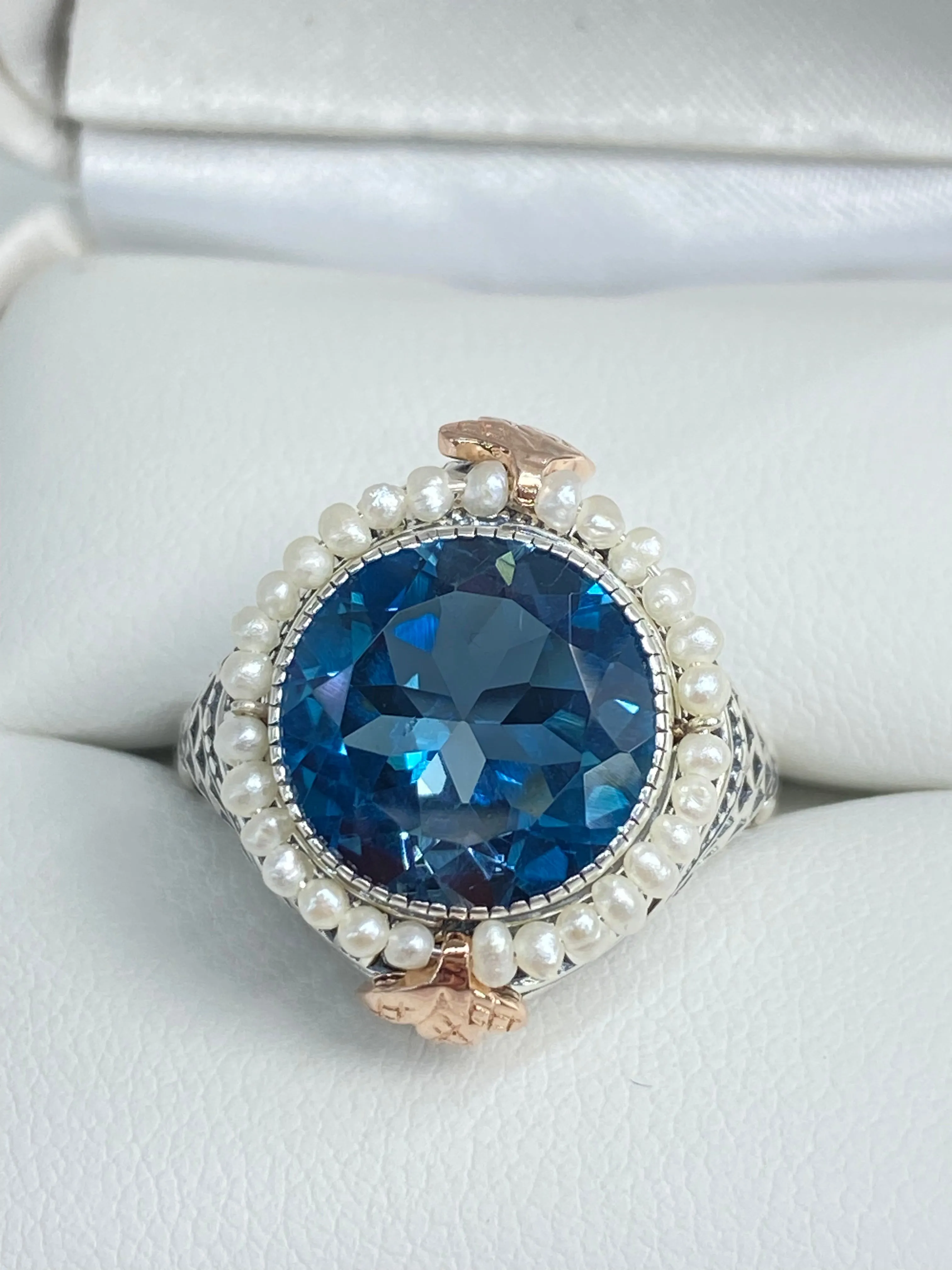 Natural London Blue Topaz & Seed Pearl Ring, Size 7, Victorian Filigree Jewelry #D238 - Ready to Ship