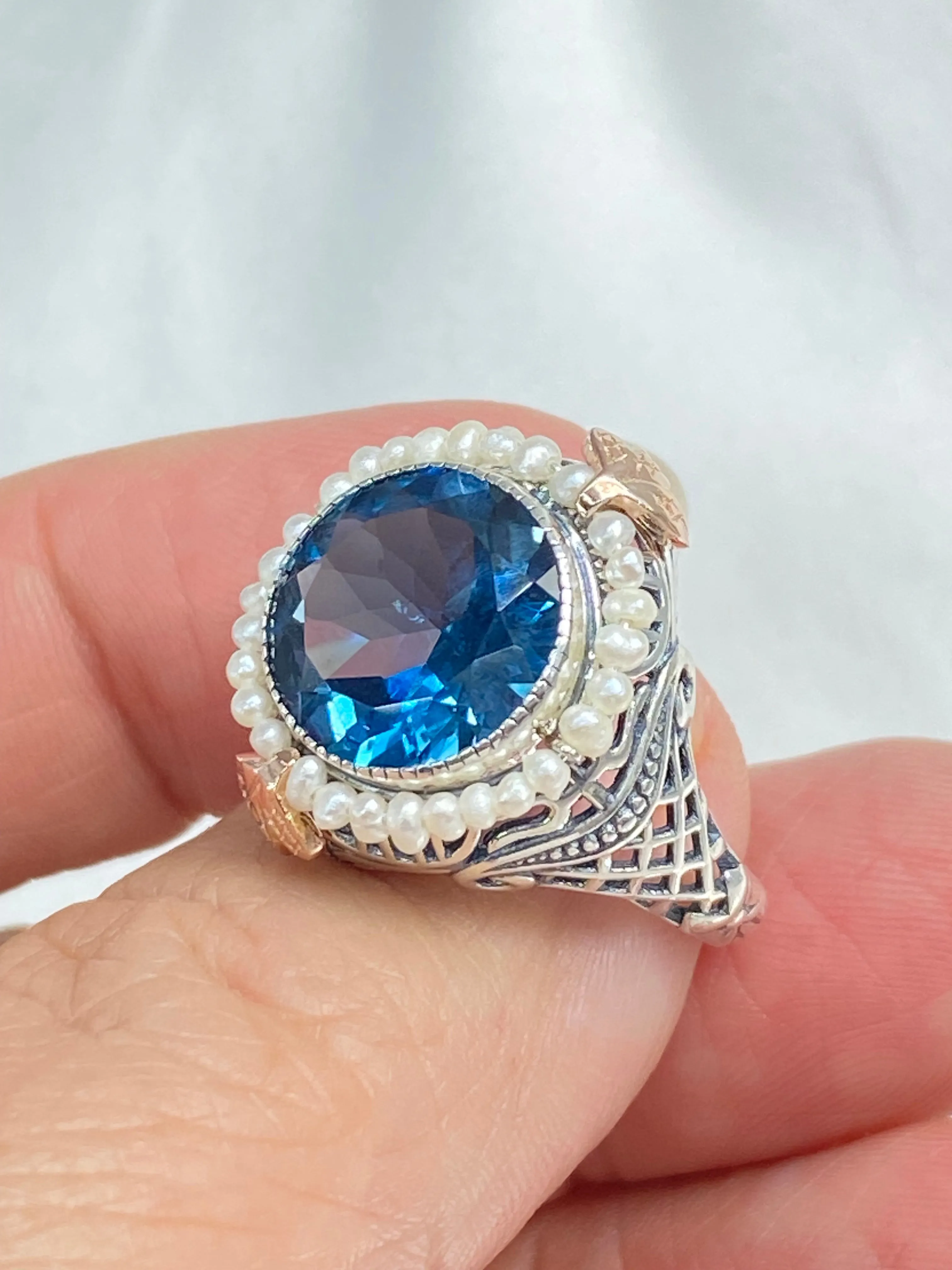 Natural London Blue Topaz & Seed Pearl Ring, Size 7, Victorian Filigree Jewelry #D238 - Ready to Ship