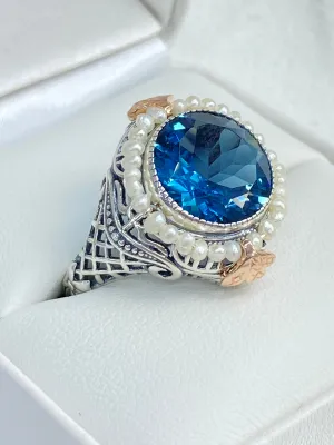Natural London Blue Topaz & Seed Pearl Ring, Size 7, Victorian Filigree Jewelry #D238 - Ready to Ship