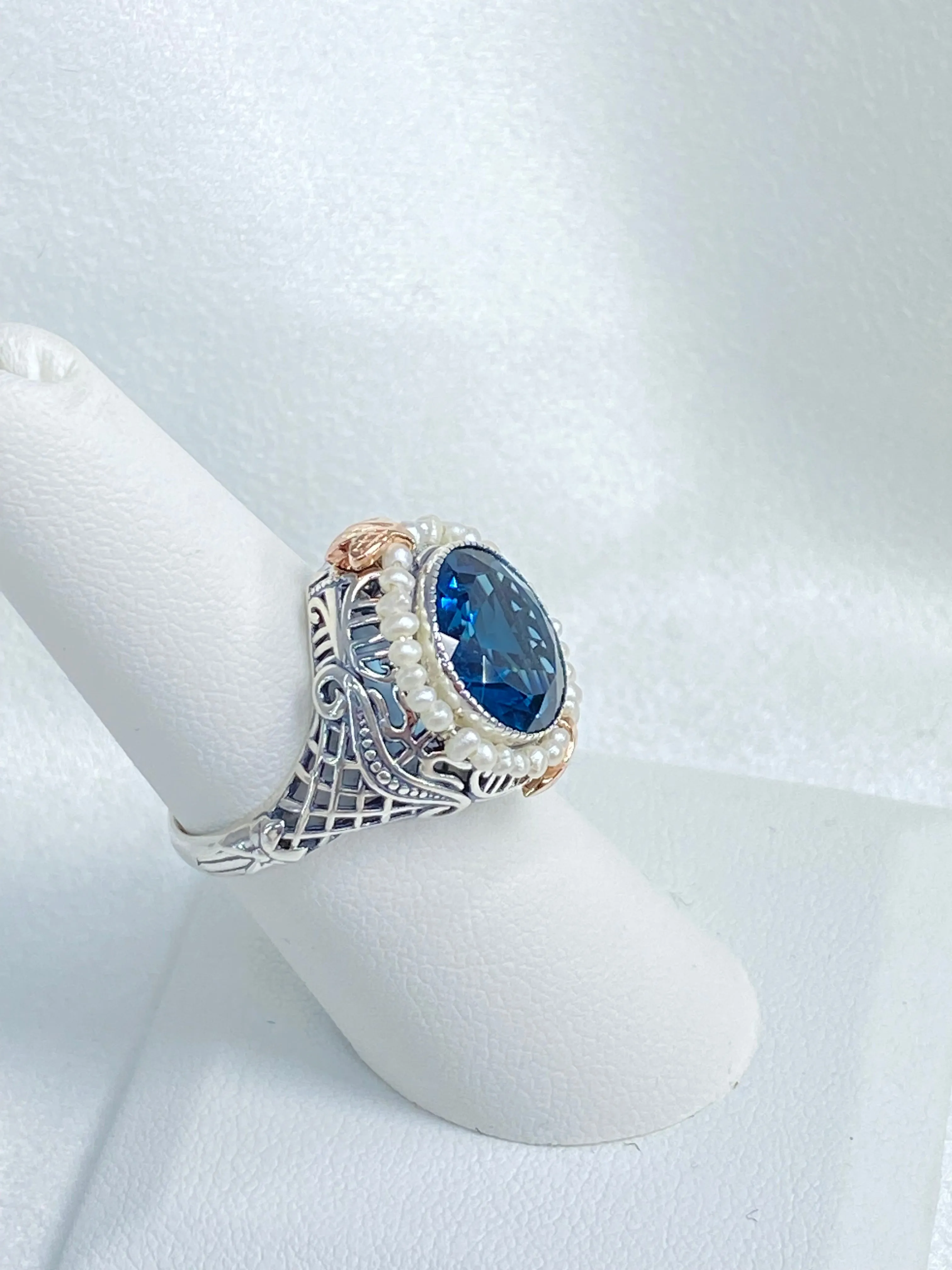 Natural London Blue Topaz & Seed Pearl Ring, Size 7, Victorian Filigree Jewelry #D238 - Ready to Ship