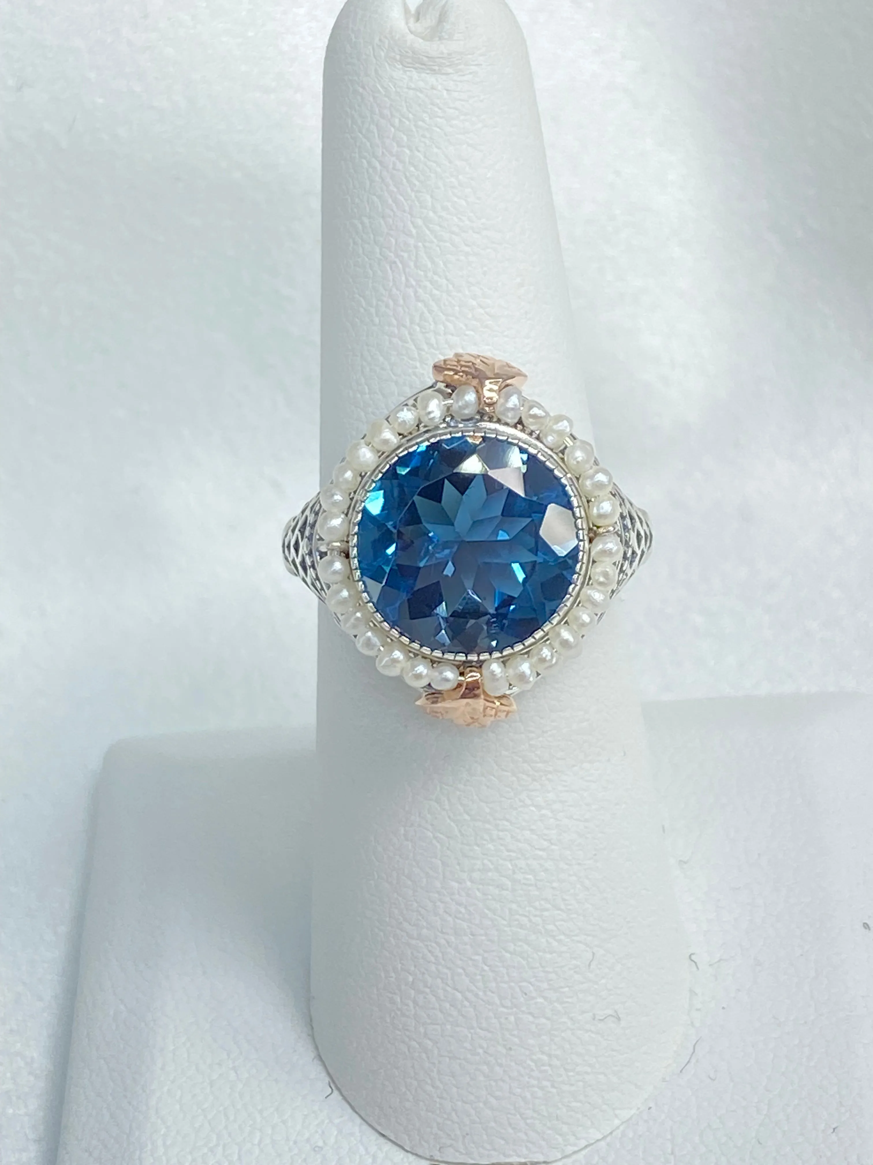 Natural London Blue Topaz & Seed Pearl Ring, Size 7, Victorian Filigree Jewelry #D238 - Ready to Ship