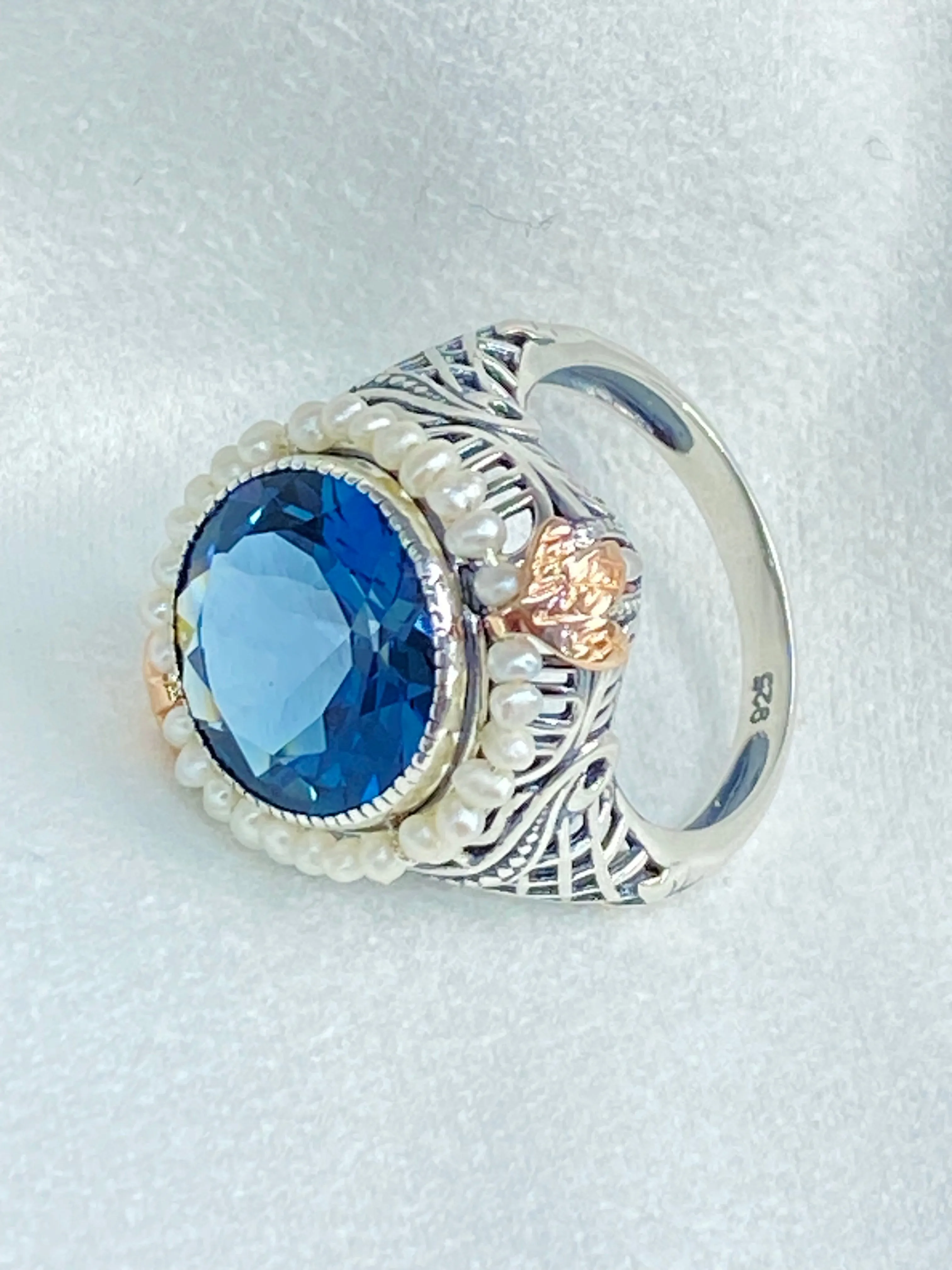 Natural London Blue Topaz & Seed Pearl Ring, Size 7, Victorian Filigree Jewelry #D238 - Ready to Ship