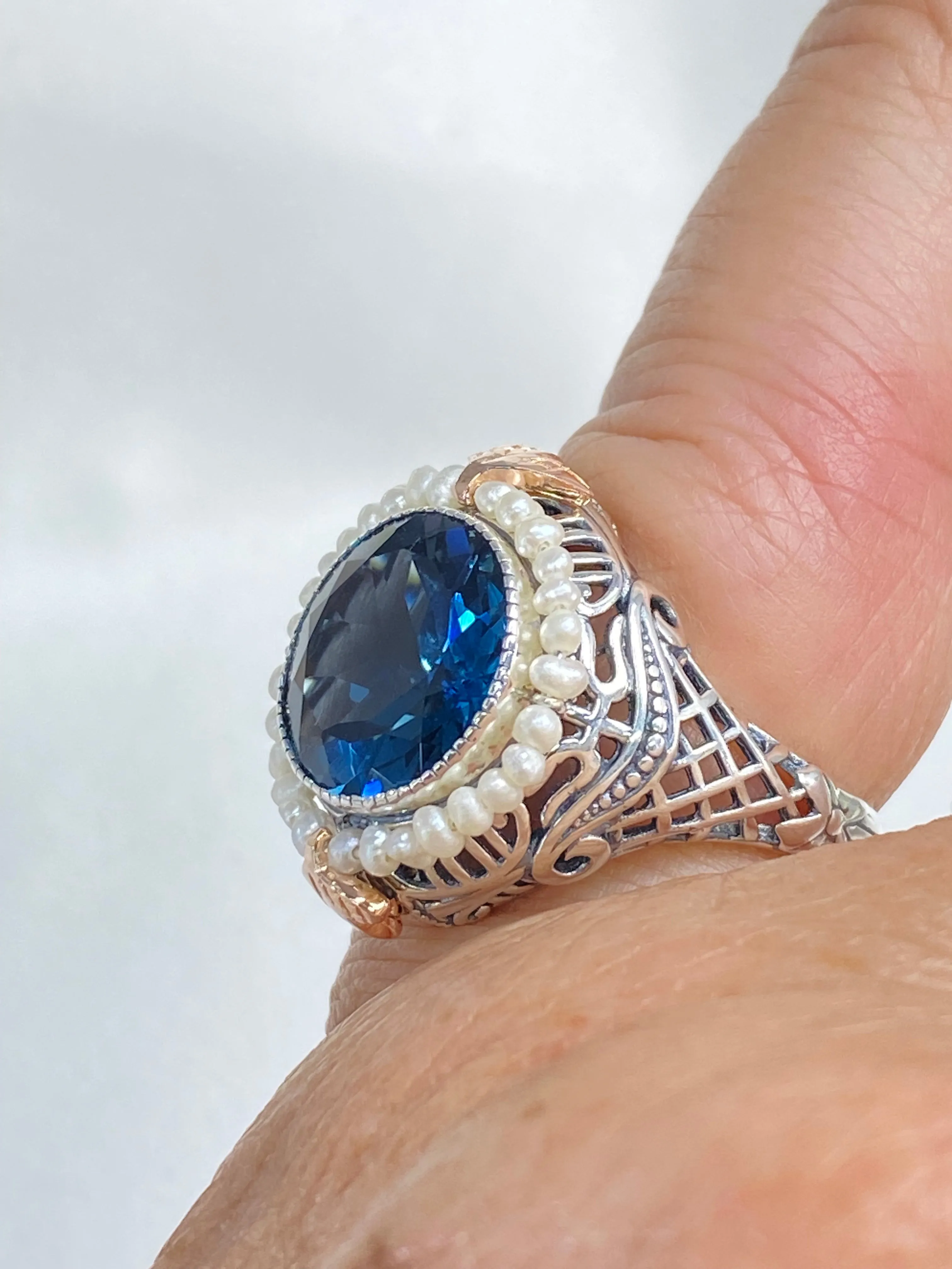 Natural London Blue Topaz & Seed Pearl Ring, Size 7, Victorian Filigree Jewelry #D238 - Ready to Ship