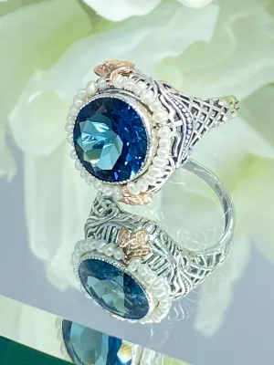 Natural London Blue Topaz & Seed Pearl Ring, Victorian Filigree Jewelry #D238