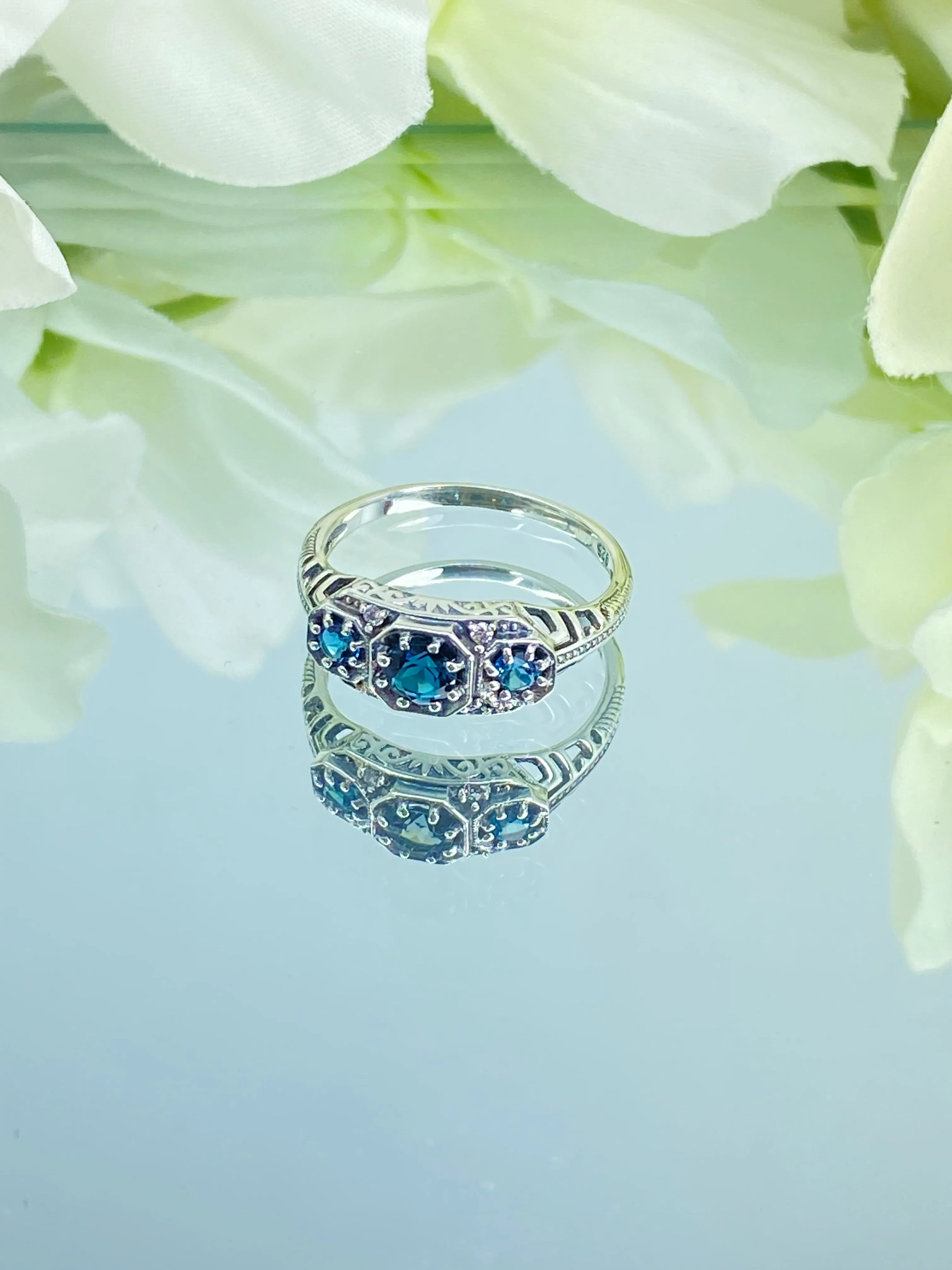 Natural London Blue Topaz Ring, Art Deco Jewelry #D161
