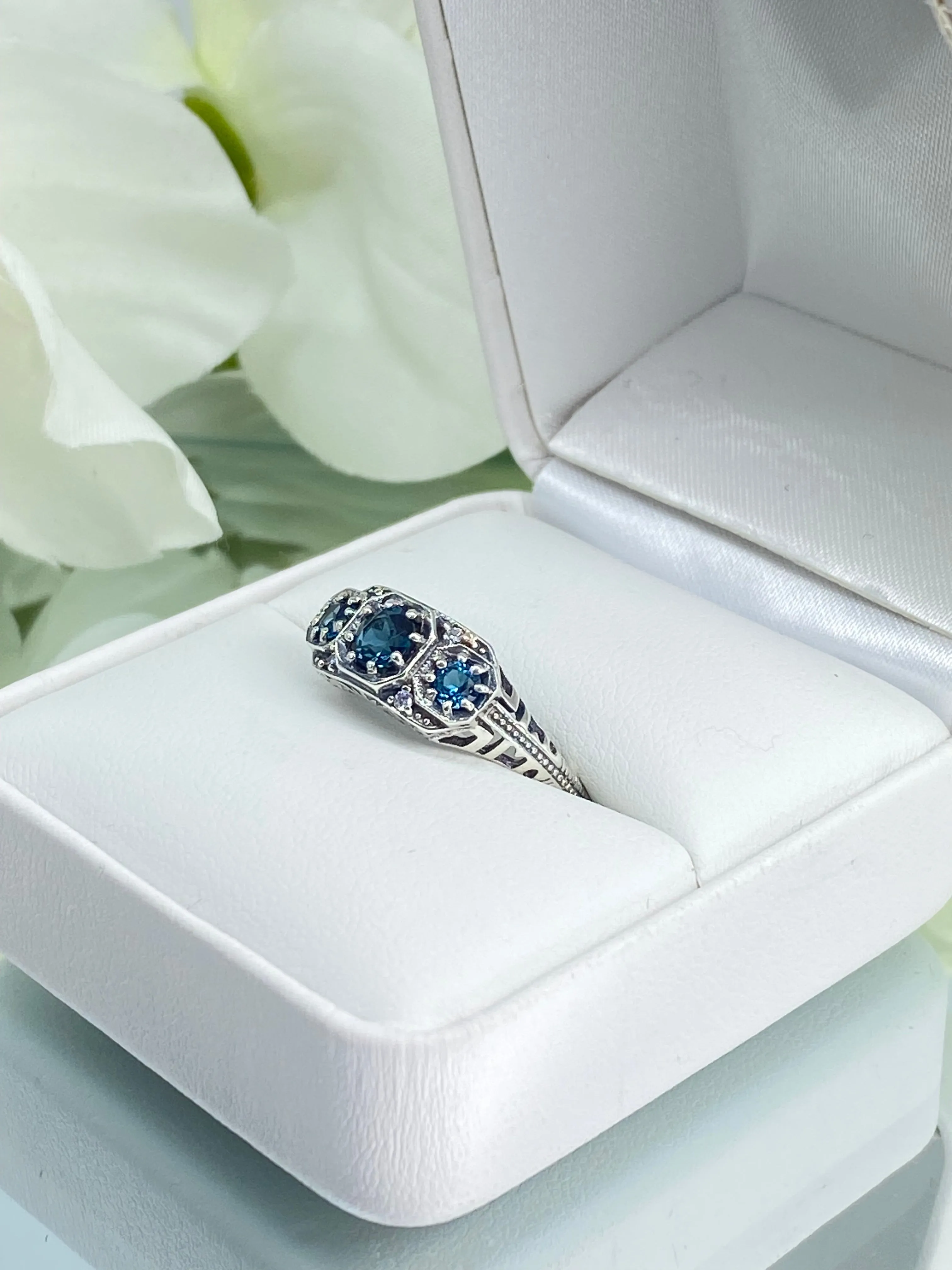 Natural London Blue Topaz Ring, Art Deco Jewelry #D161