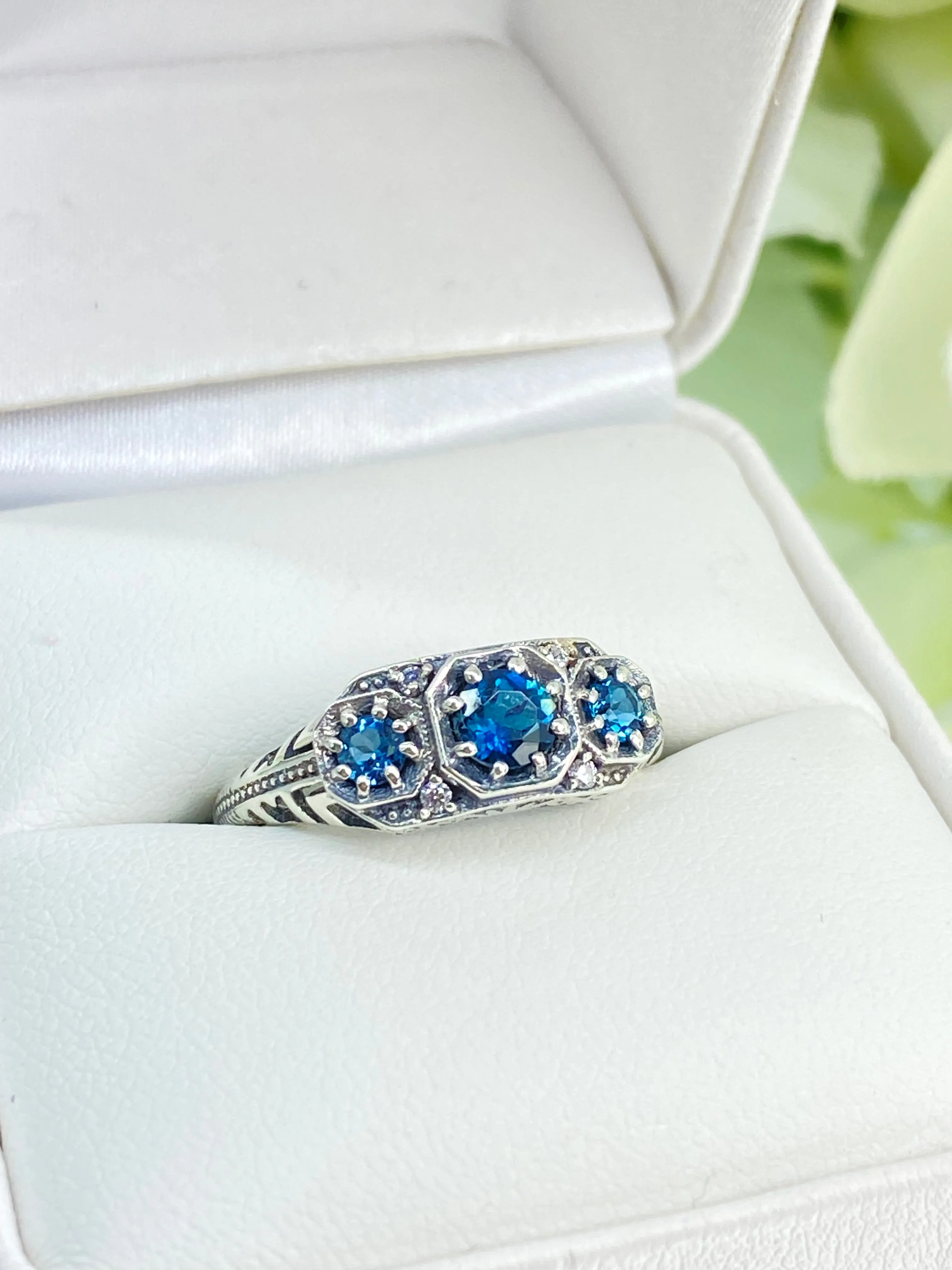 Natural London Blue Topaz Ring, Art Deco Jewelry #D161