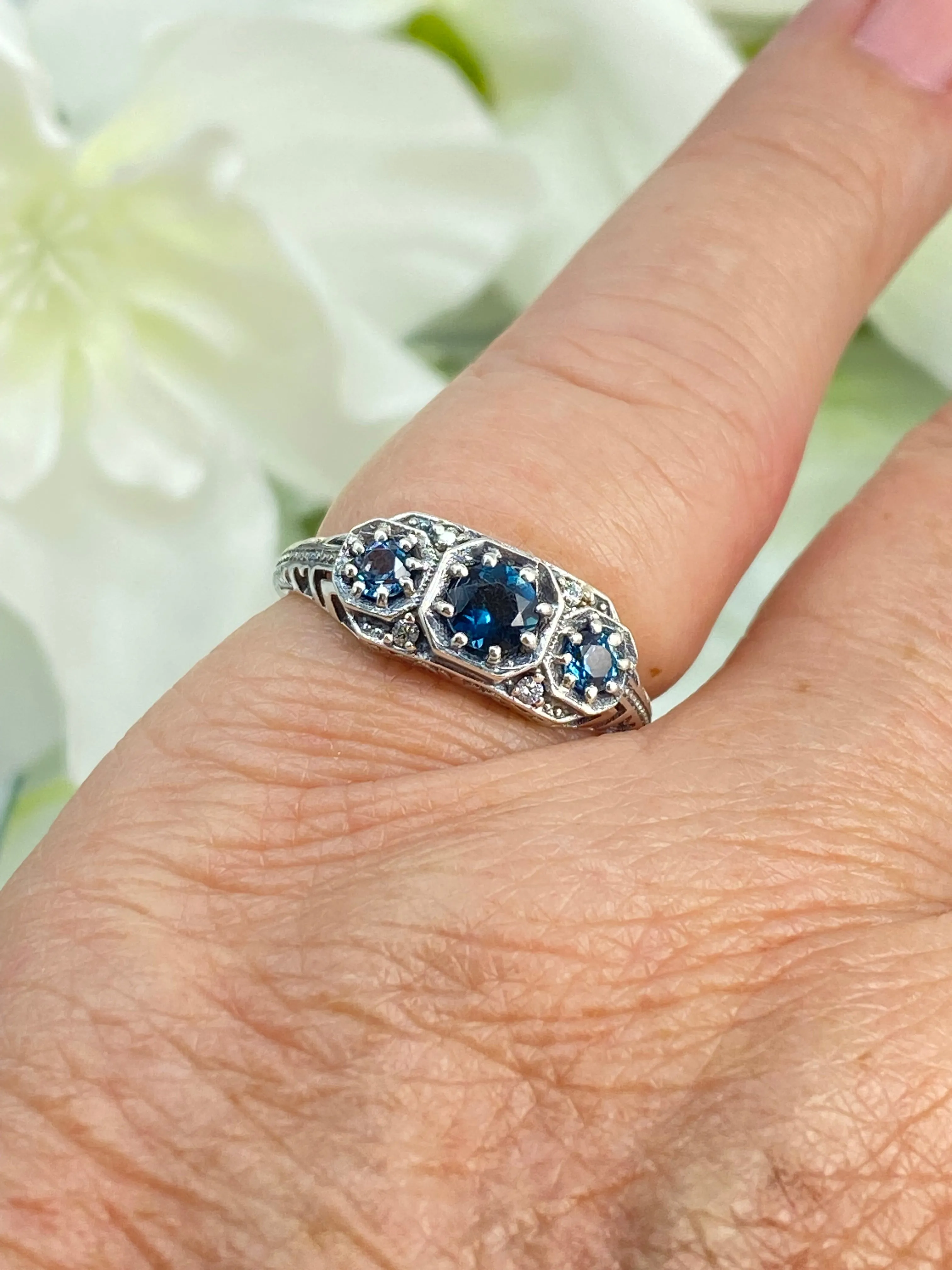 Natural London Blue Topaz Ring, Art Deco Jewelry #D161