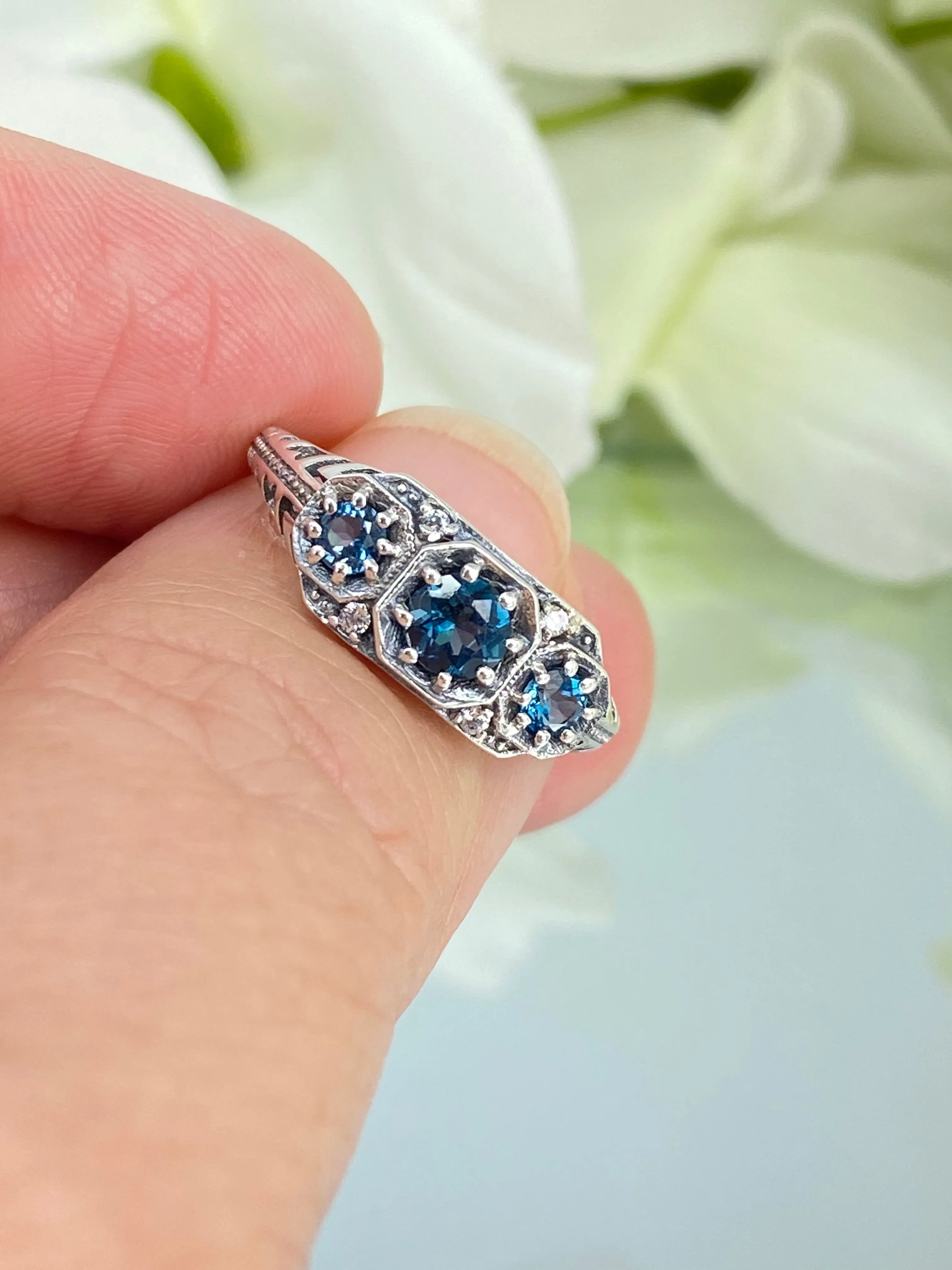 Natural London Blue Topaz Ring, Art Deco Jewelry #D161