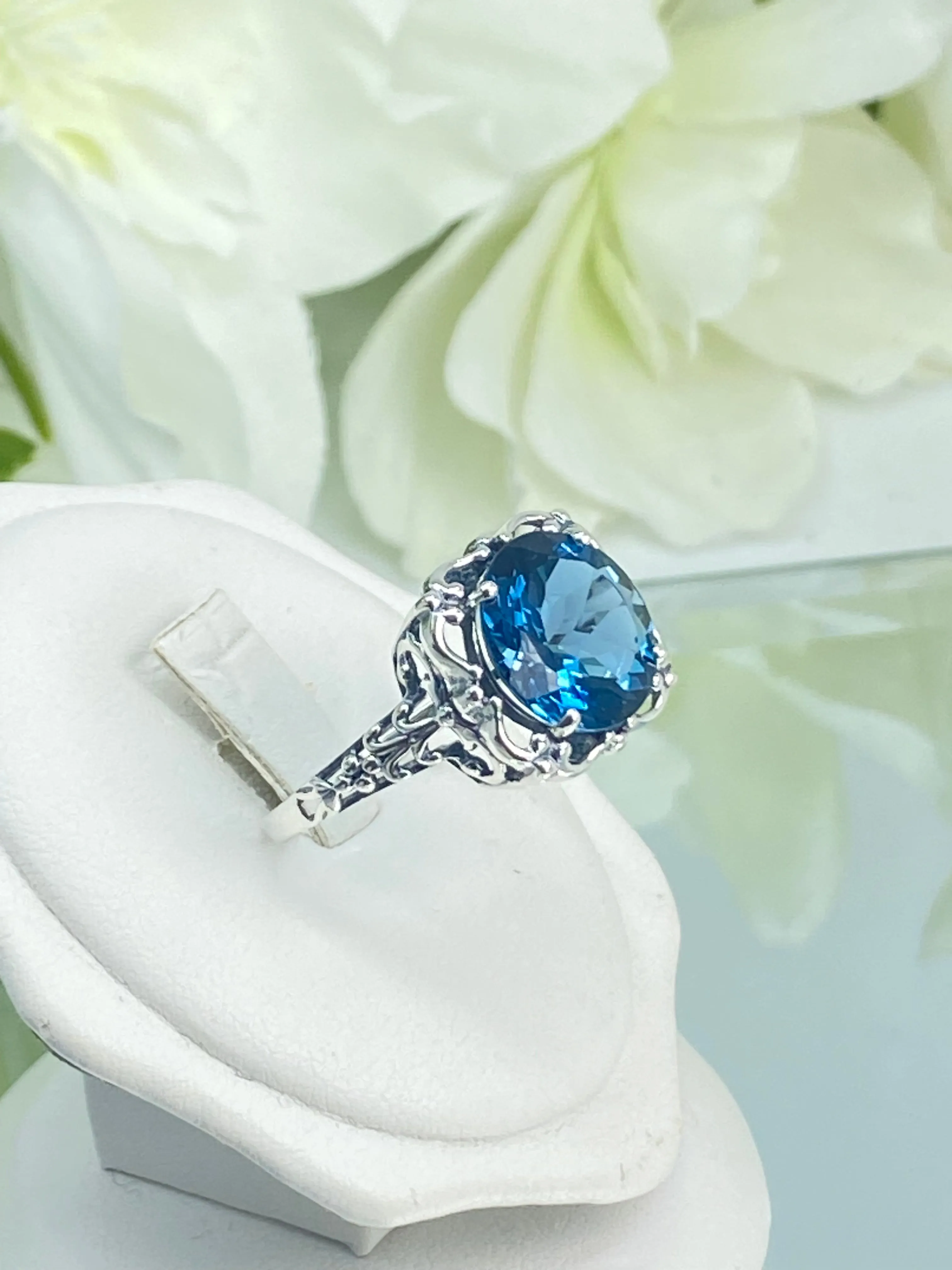 Natural London Blue Topaz Ring, Earth mined Gemstone, 10k, 14k White Gold or Silver Victorian Jewelry #D103