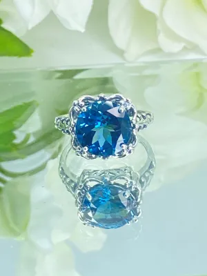 Natural London Blue Topaz Ring, Earth mined Gemstone, 10k, 14k White Gold or Silver Victorian Jewelry #D103