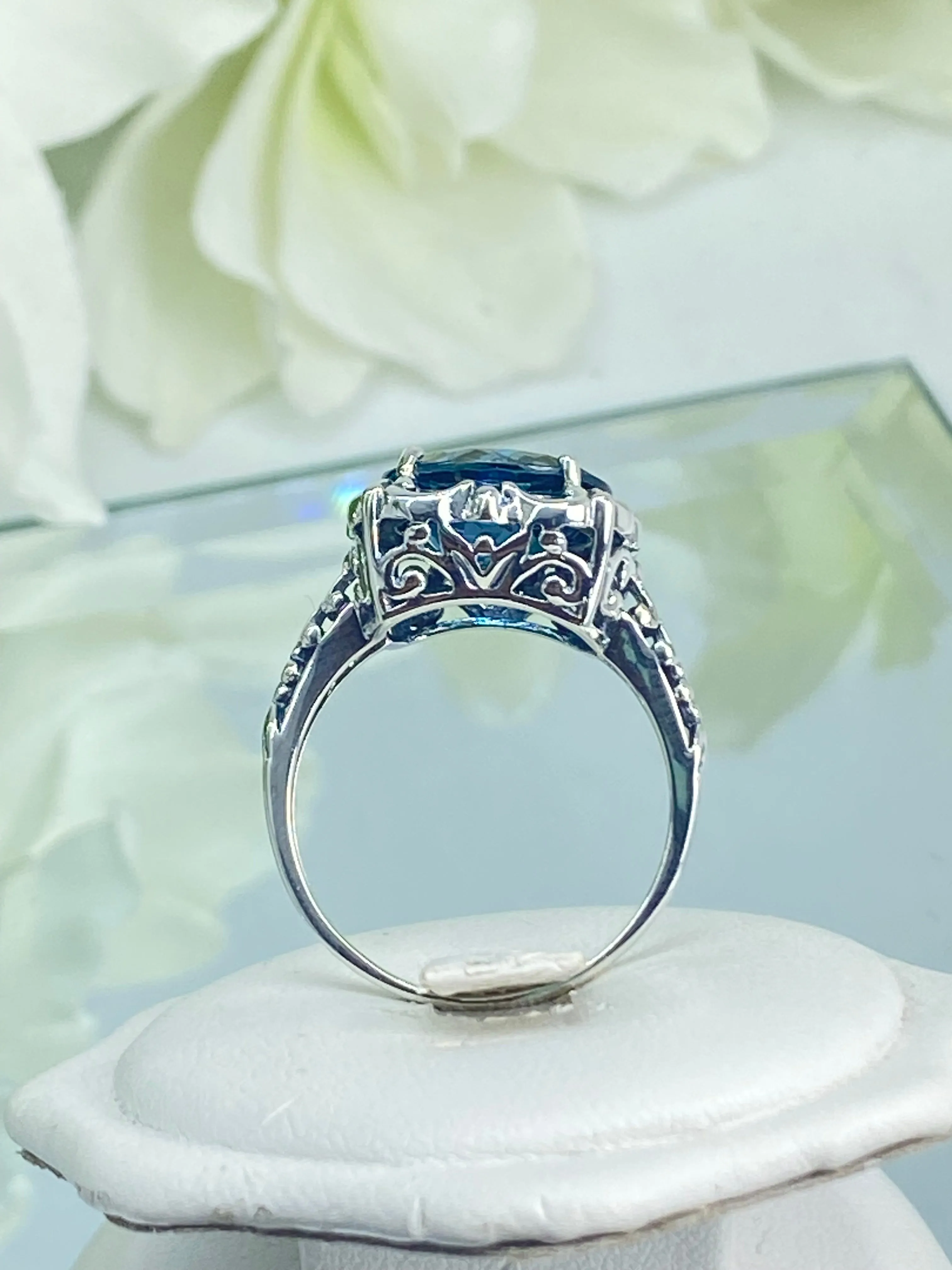Natural London Blue Topaz Ring, Earth mined Gemstone, 10k, 14k White Gold or Silver Victorian Jewelry #D103