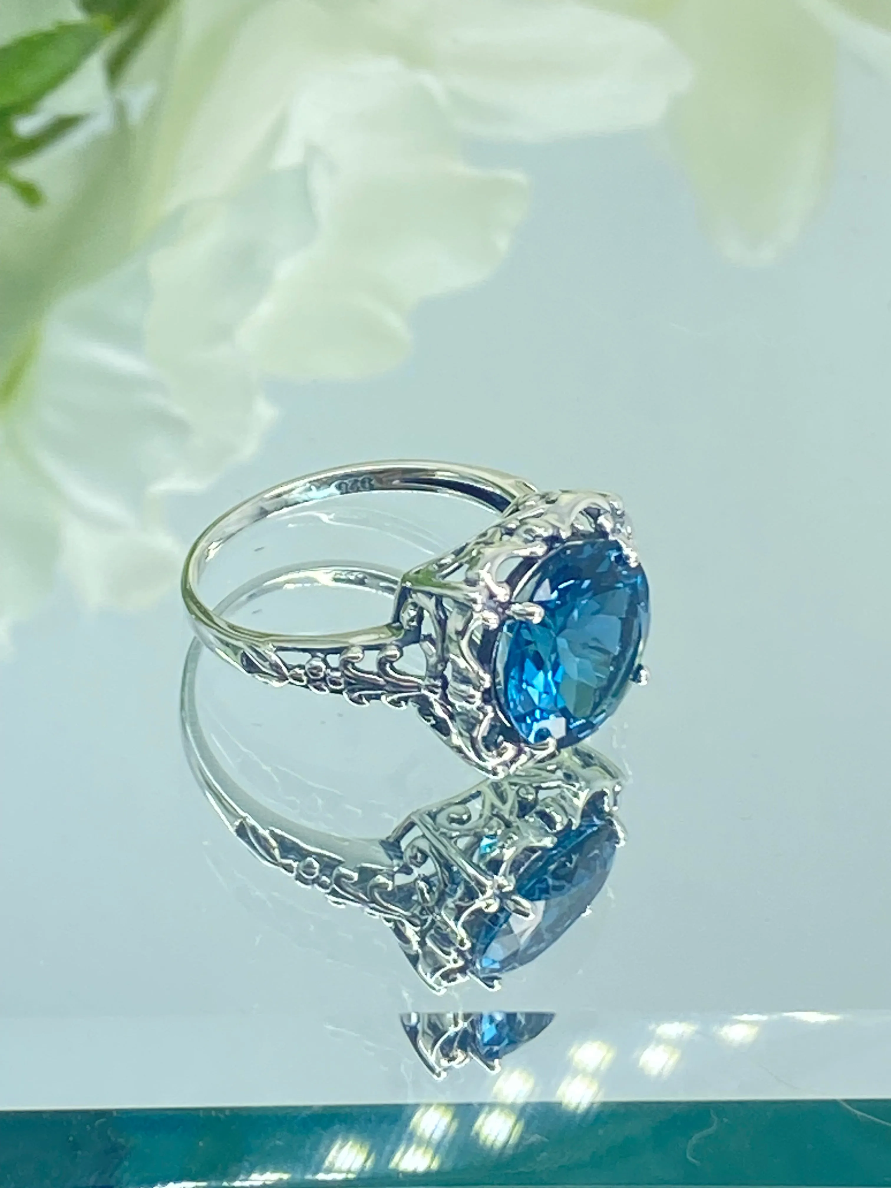 Natural London Blue Topaz Ring, Earth mined Gemstone, 10k, 14k White Gold or Silver Victorian Jewelry #D103