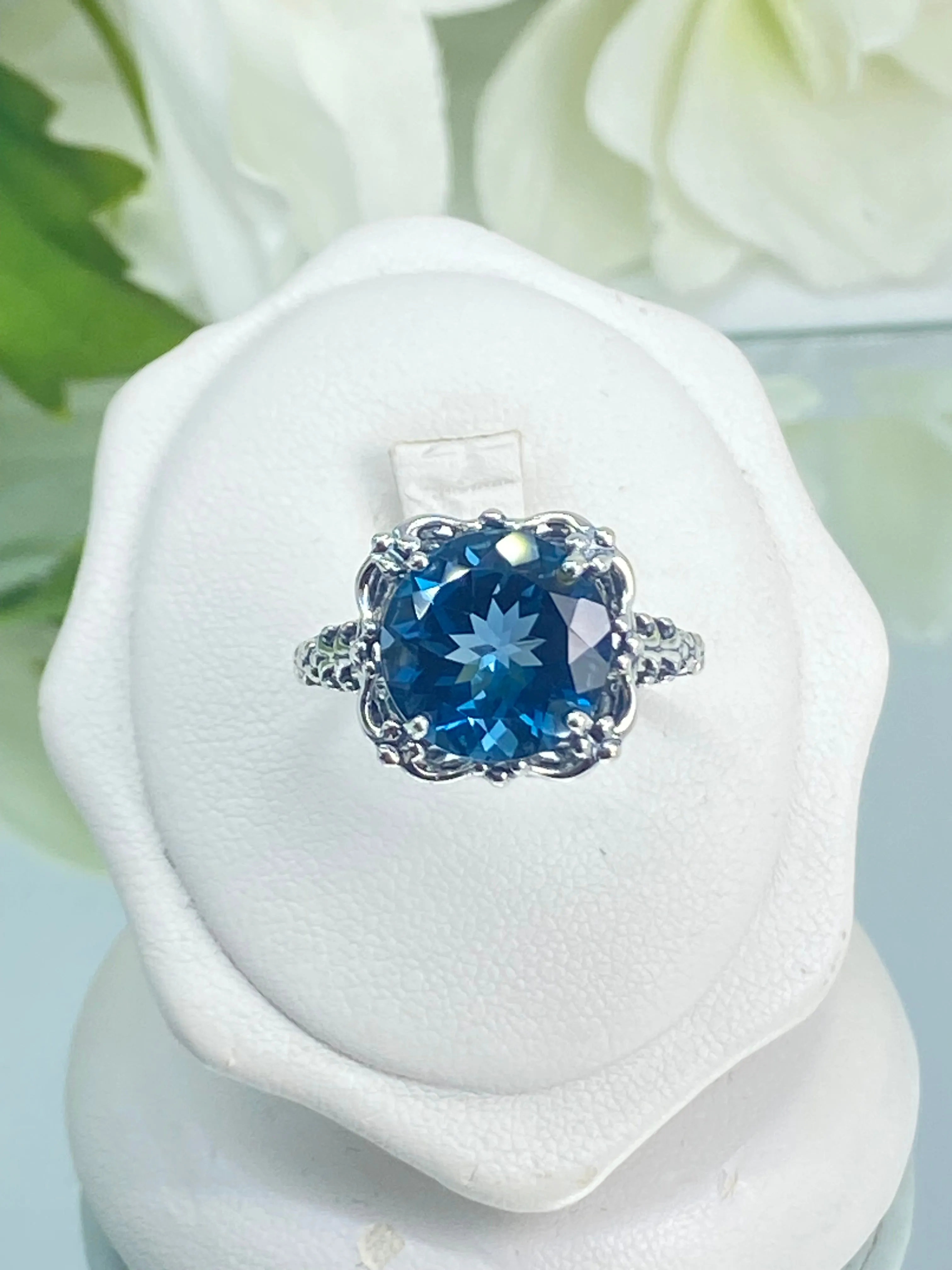 Natural London Blue Topaz Ring, Earth mined Gemstone, 10k, 14k White Gold or Silver Victorian Jewelry #D103