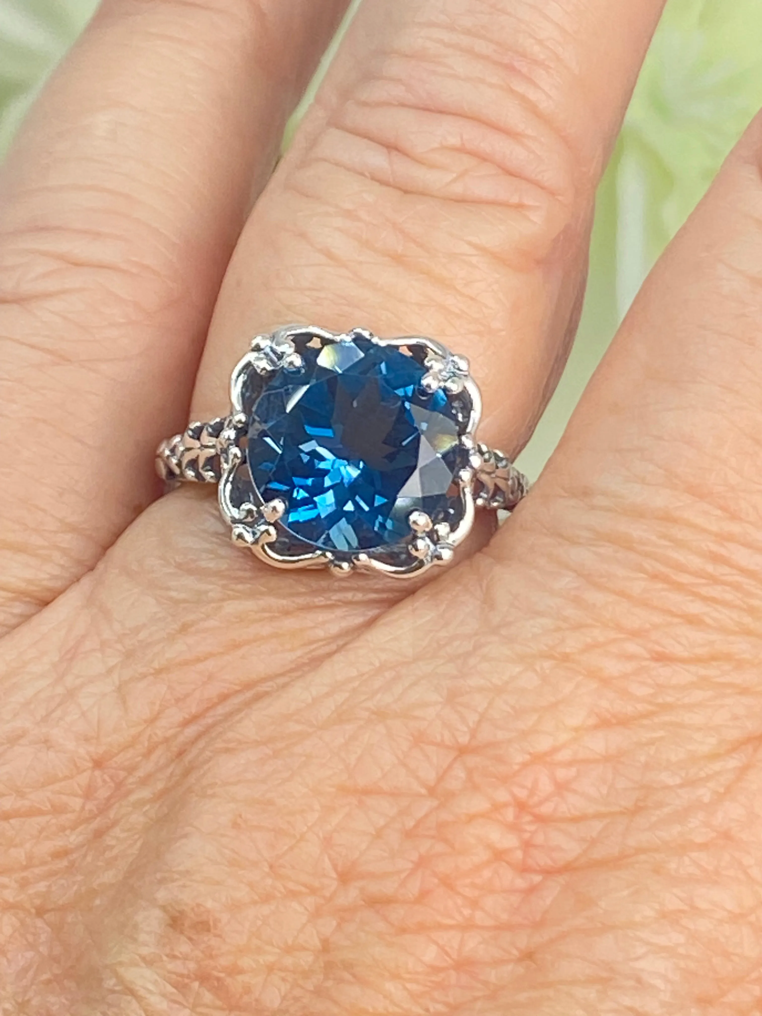 Natural London Blue Topaz Ring, Earth mined Gemstone, 10k, 14k White Gold or Silver Victorian Jewelry #D103
