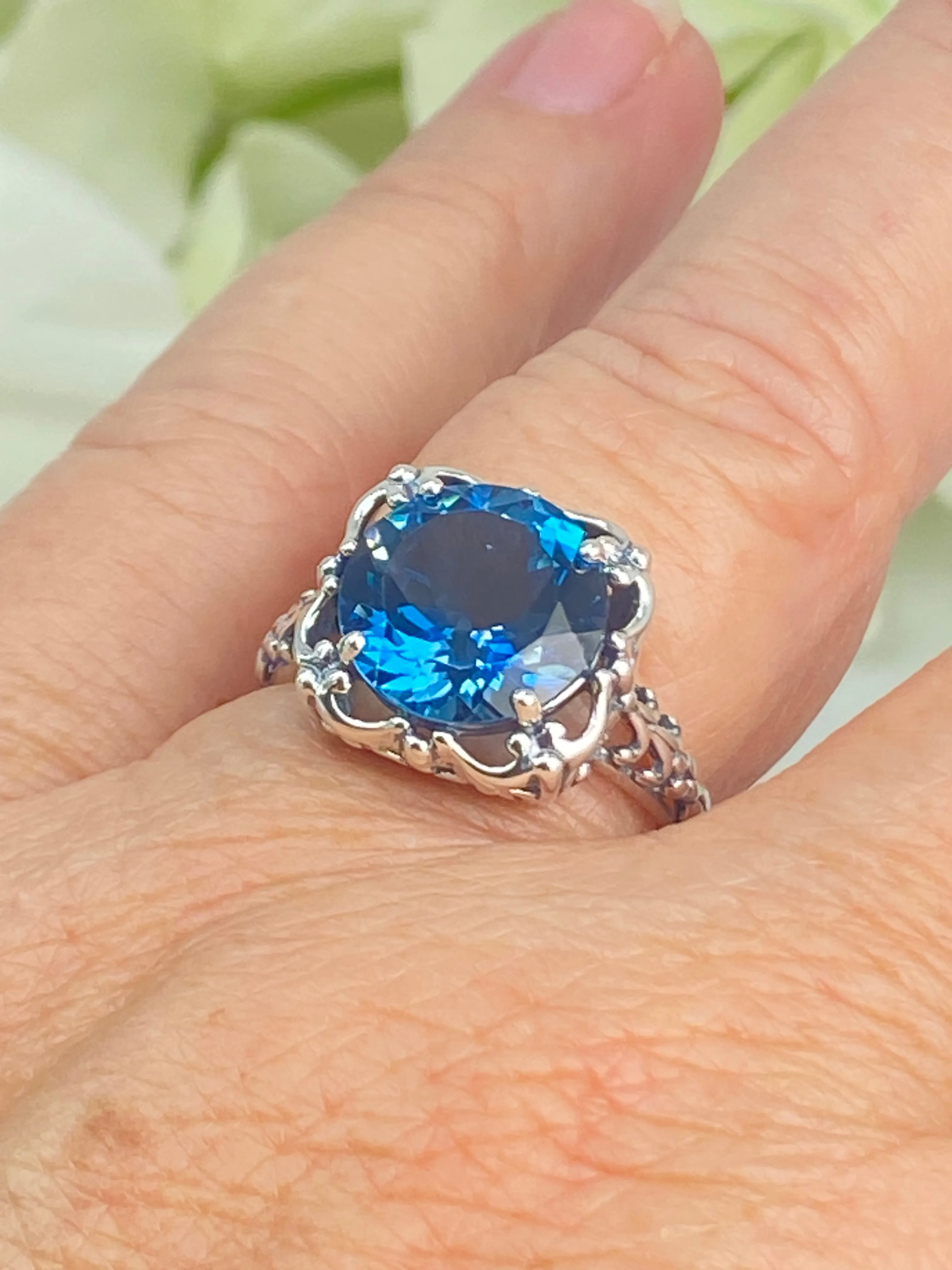 Natural London Blue Topaz Ring, Earth mined Gemstone, 10k, 14k White Gold or Silver Victorian Jewelry #D103
