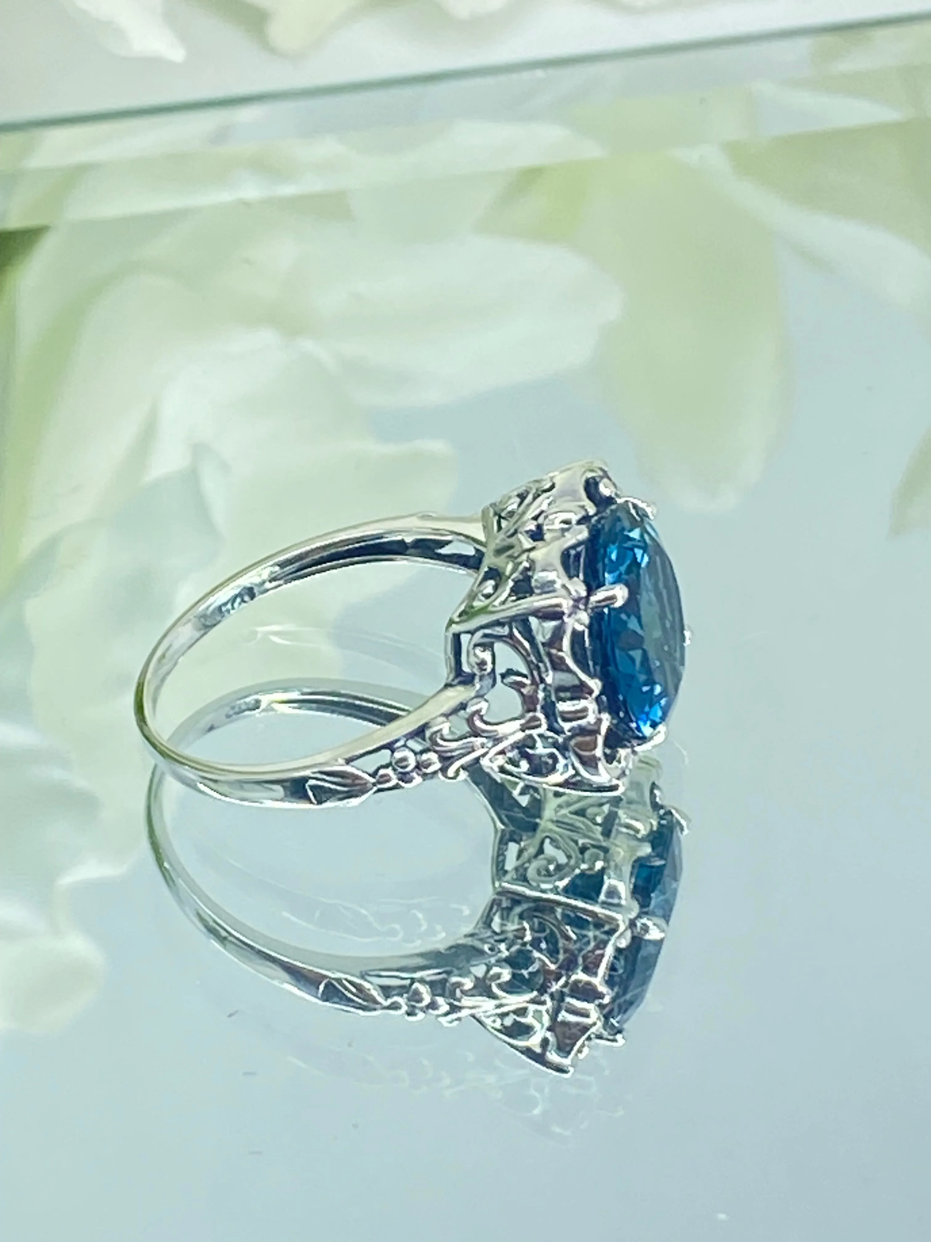Natural London Blue Topaz Ring, Earth mined Gemstone, 10k, 14k White Gold or Silver Victorian Jewelry #D103