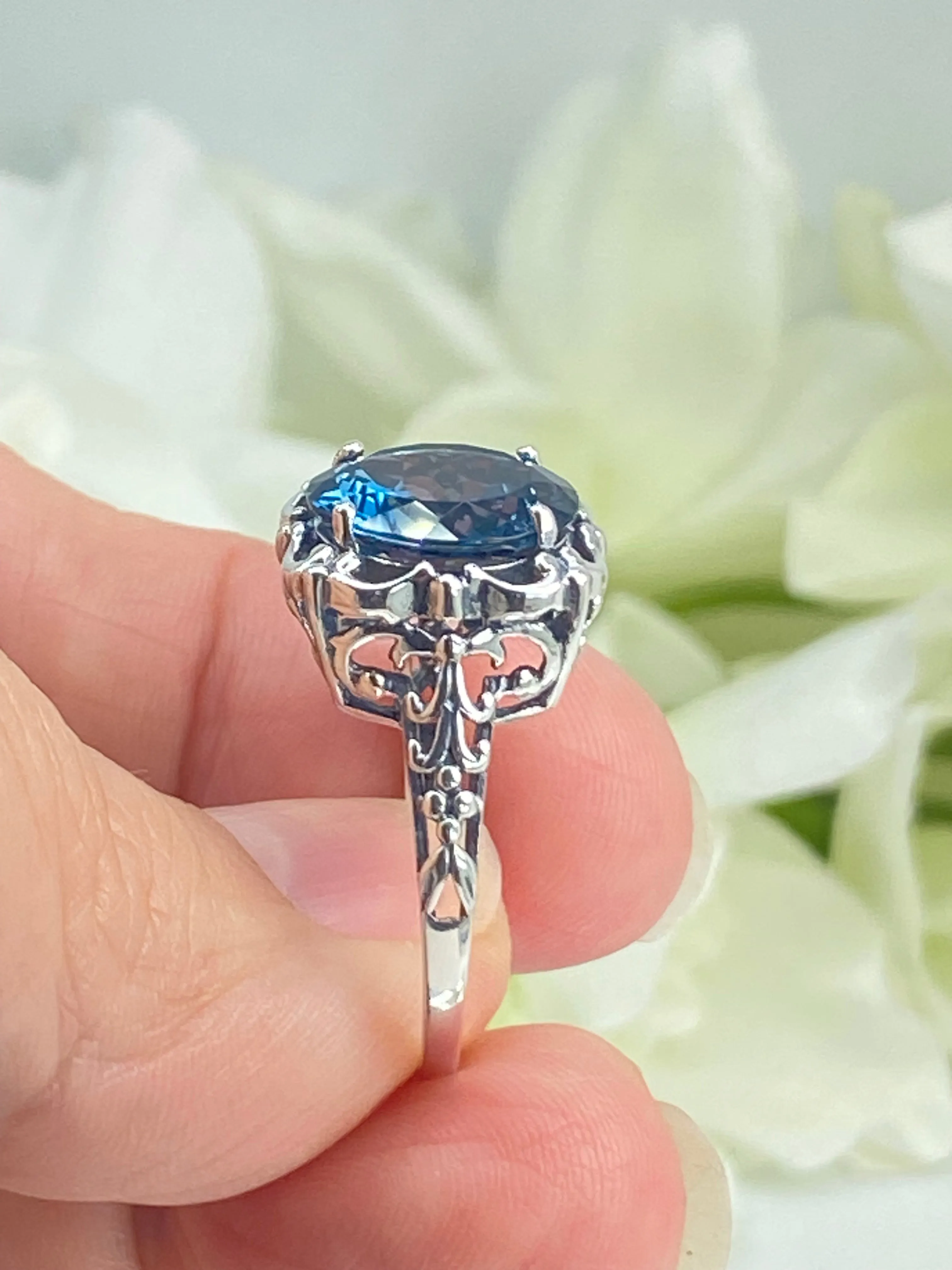 Natural London Blue Topaz Ring, Earth mined Gemstone, 10k, 14k White Gold or Silver Victorian Jewelry #D103