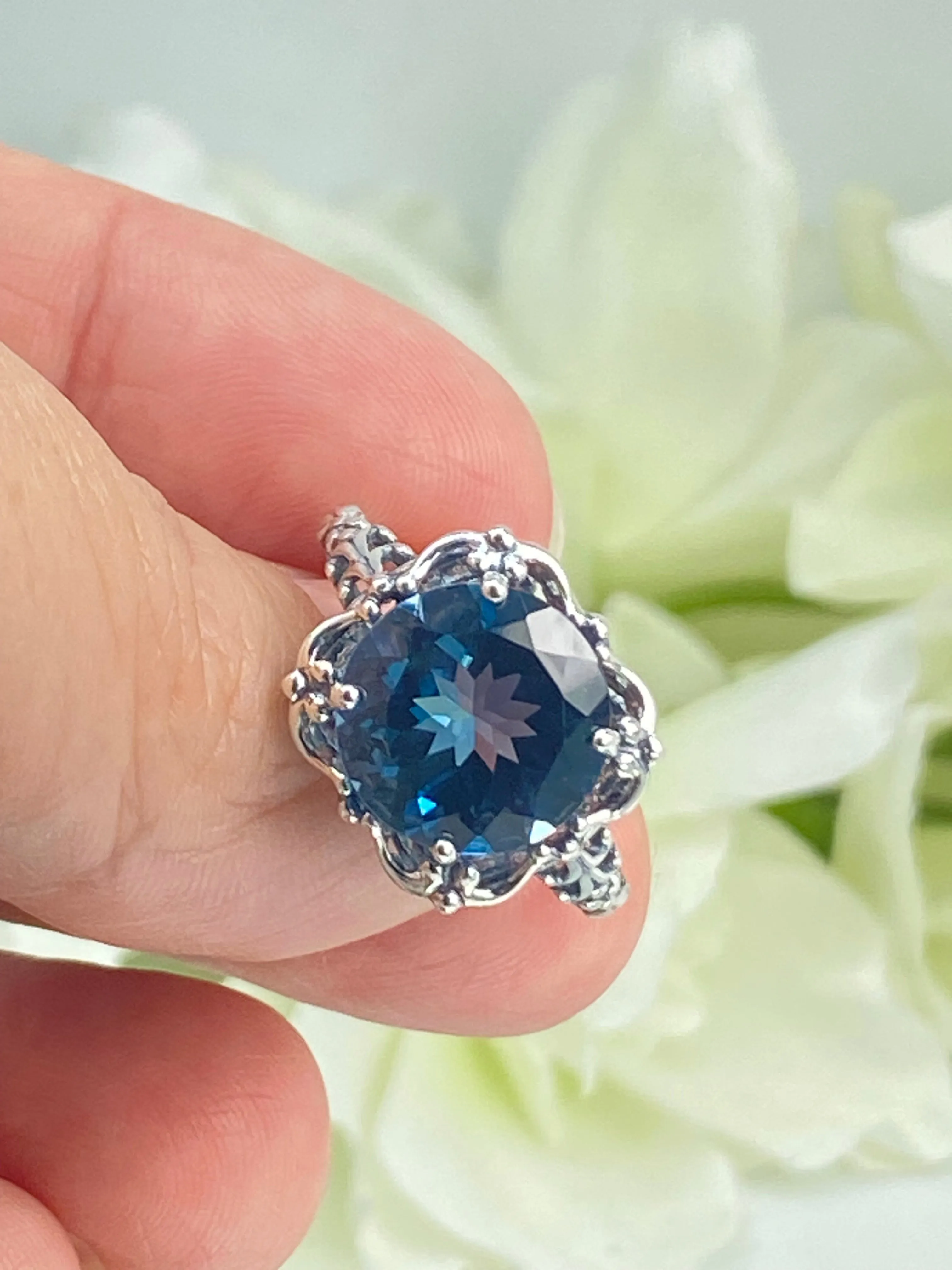 Natural London Blue Topaz Ring, Earth mined Gemstone, 10k, 14k White Gold or Silver Victorian Jewelry #D103
