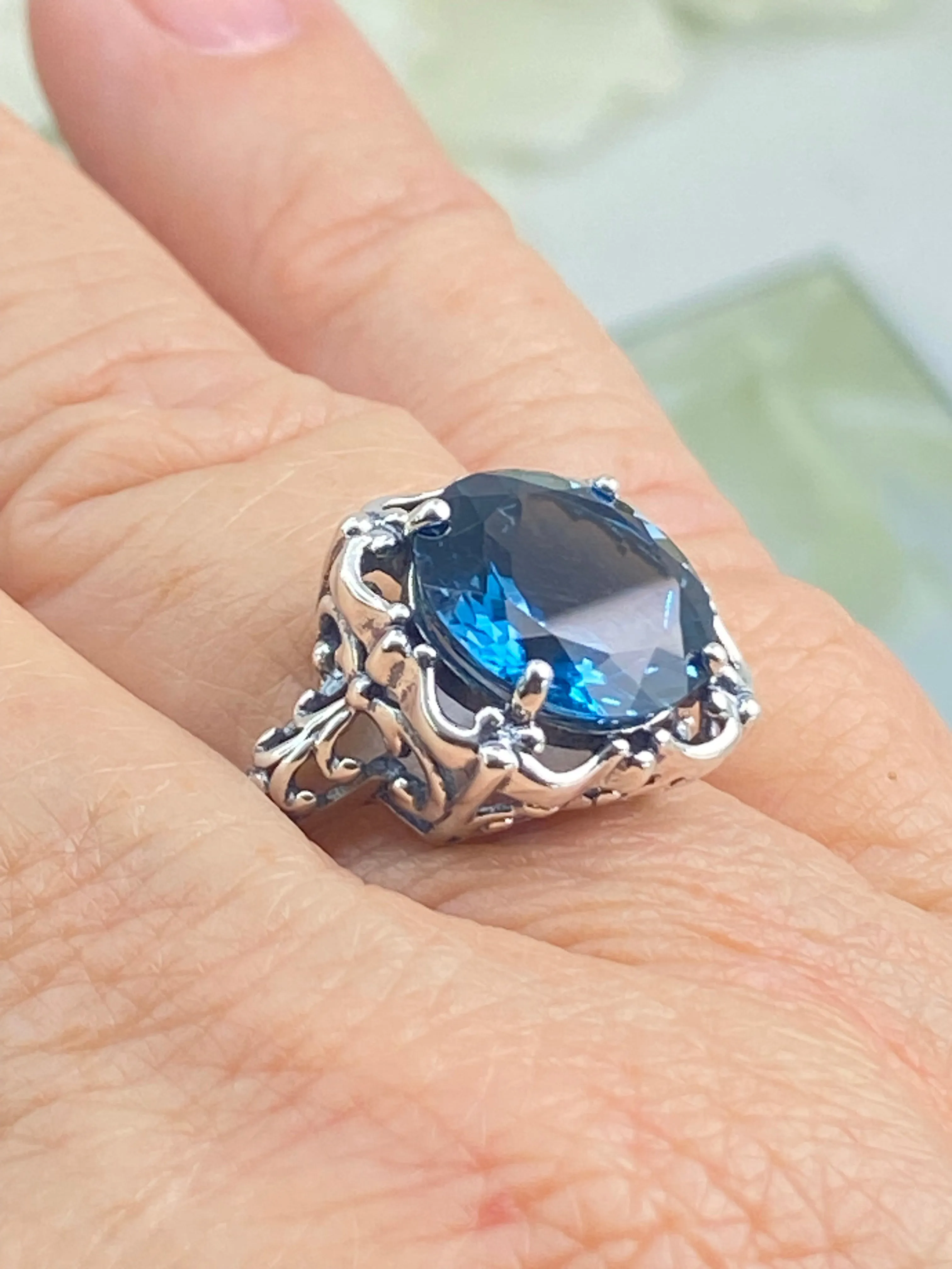 Natural London Blue Topaz Ring, Earth mined Gemstone, 10k, 14k White Gold or Silver Victorian Jewelry #D103