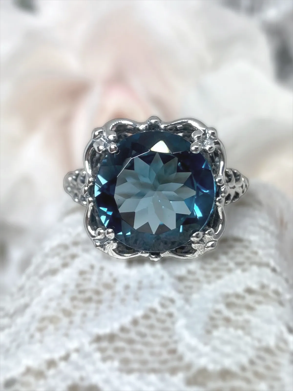 Natural London Blue Topaz Victorian Ring, Size 7, Speechless #D103 - Ready to Ship