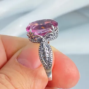 Natural Pink Topaz Ring, Dragon Filigree, Gothic Jewelry #D133