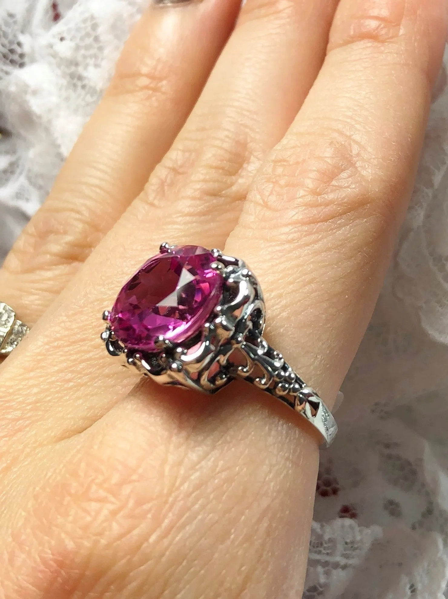 Natural Pink Topaz Ring, Size 8, Sterling Silver Victorian Filigree #D103 - Ready to Ship