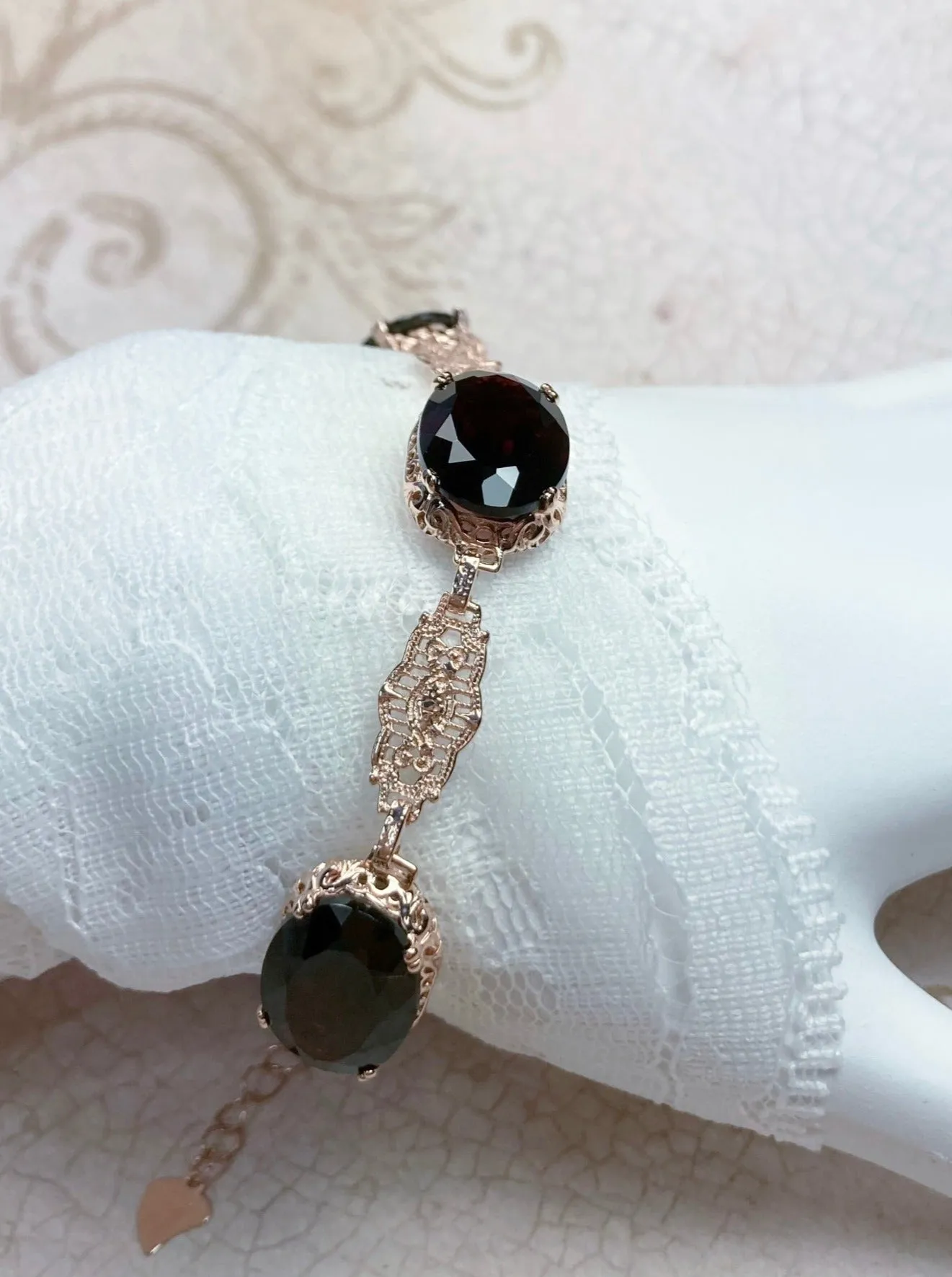 Natural Red Garnet Jewelry Set, Rose Gold plated Sterling Silver, Edwardian Jewelry #S70