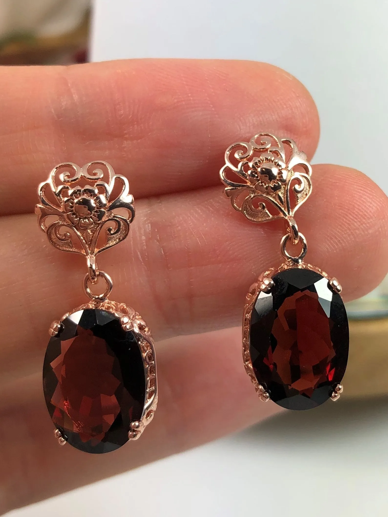 Natural Red Garnet Jewelry Set, Rose Gold plated Sterling Silver, Edwardian Jewelry #S70