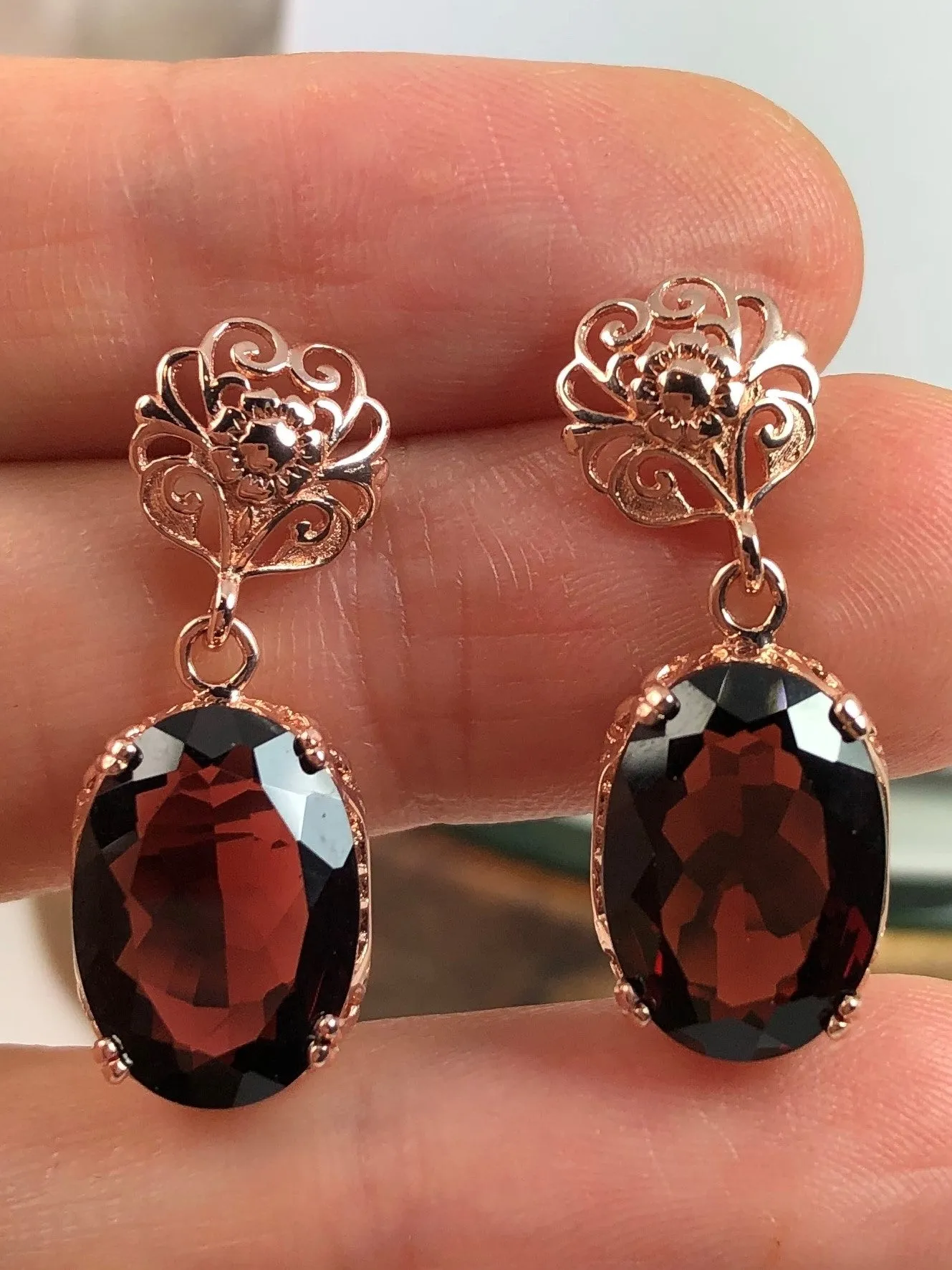 Natural Red Garnet Jewelry Set, Rose Gold plated Sterling Silver, Edwardian Jewelry #S70