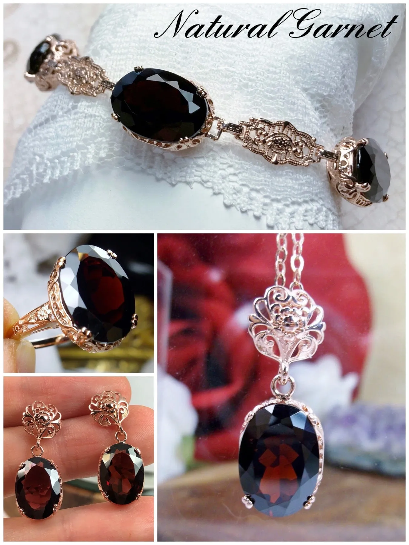 Natural Red Garnet Jewelry Set, Rose Gold plated Sterling Silver, Edwardian Jewelry #S70