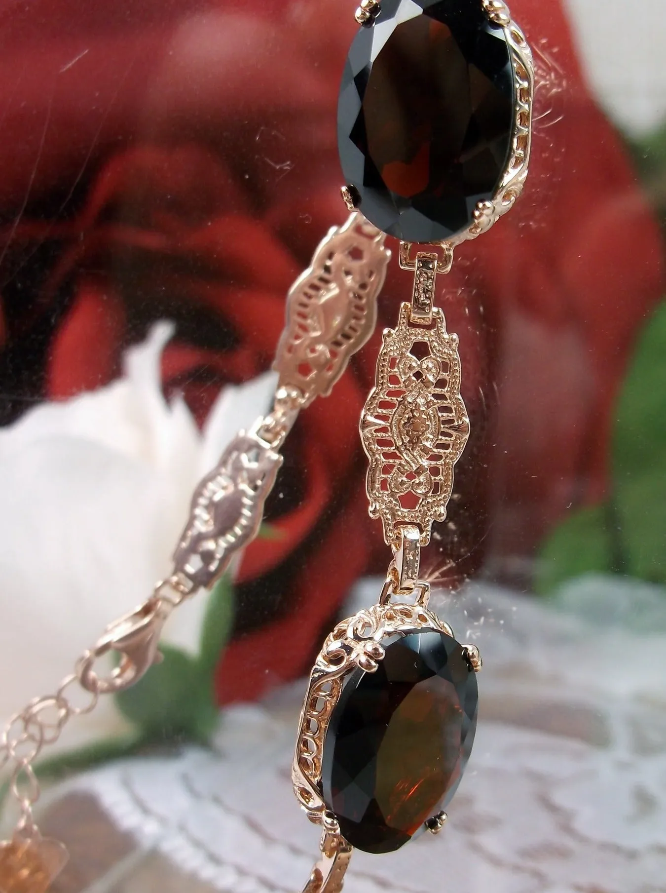 Natural Red Garnet Jewelry Set, Rose Gold plated Sterling Silver, Edwardian Jewelry #S70
