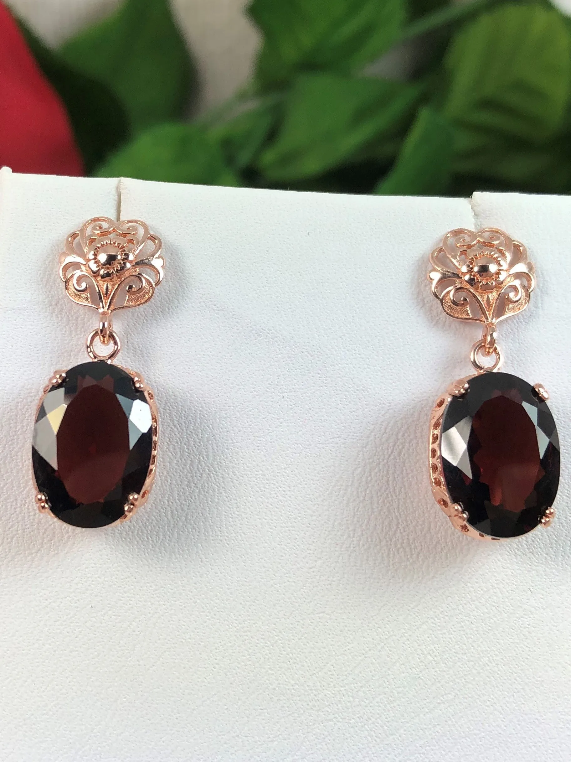 Natural Red Garnet Jewelry Set, Rose Gold plated Sterling Silver, Edwardian Jewelry #S70