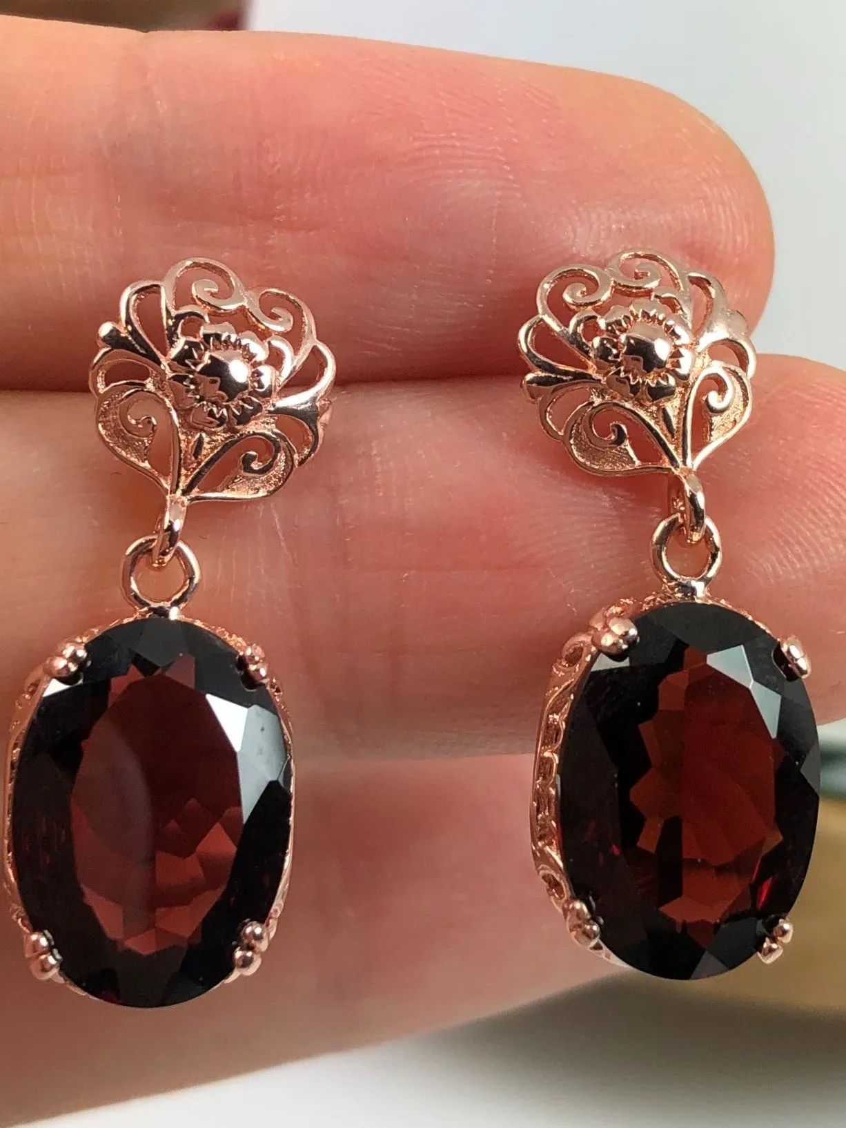 Natural Red Garnet Jewelry Set, Rose Gold plated Sterling Silver, Edwardian Jewelry #S70