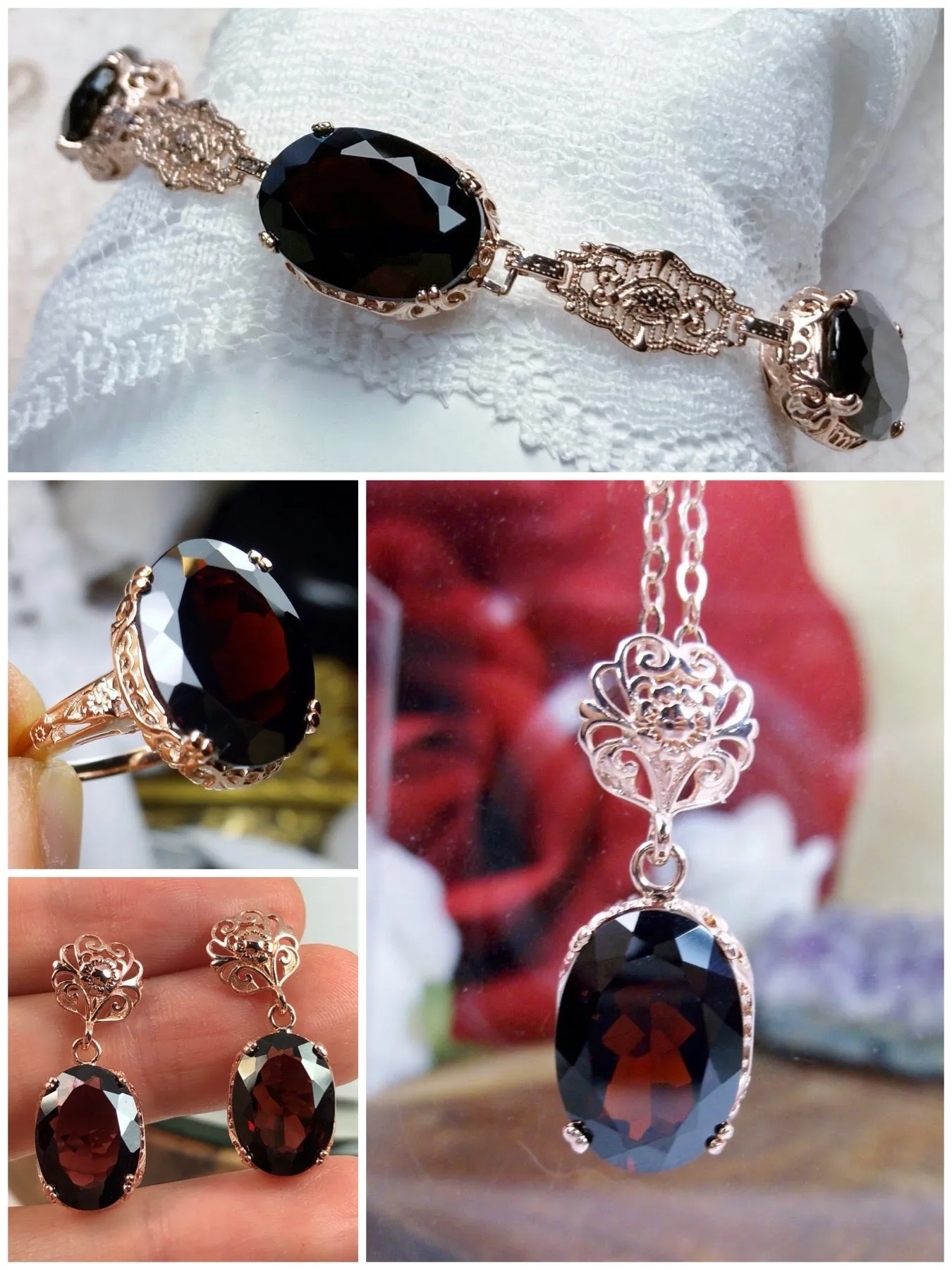 Natural Red Garnet Jewelry Set, Rose Gold plated Sterling Silver, Edwardian Jewelry #S70