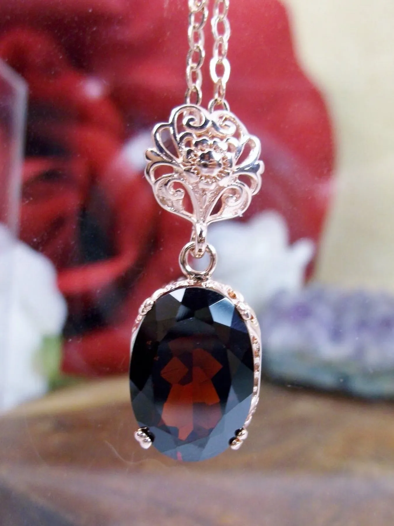 Natural Red Garnet Jewelry Set, Rose Gold plated Sterling Silver, Edwardian Jewelry #S70
