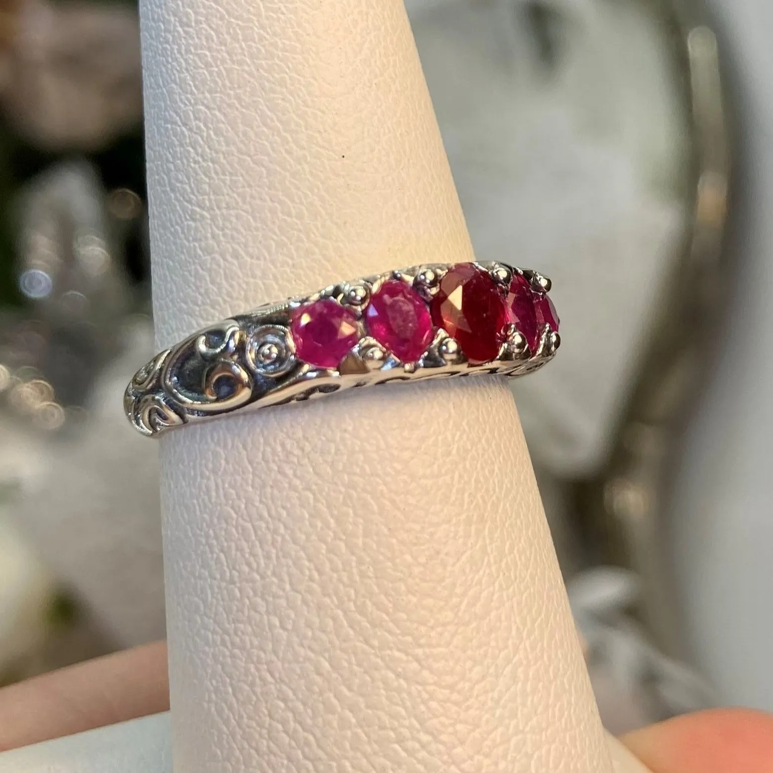 Natural Ruby Ring, 5-stone Georgian Victorian Jewelry #D19