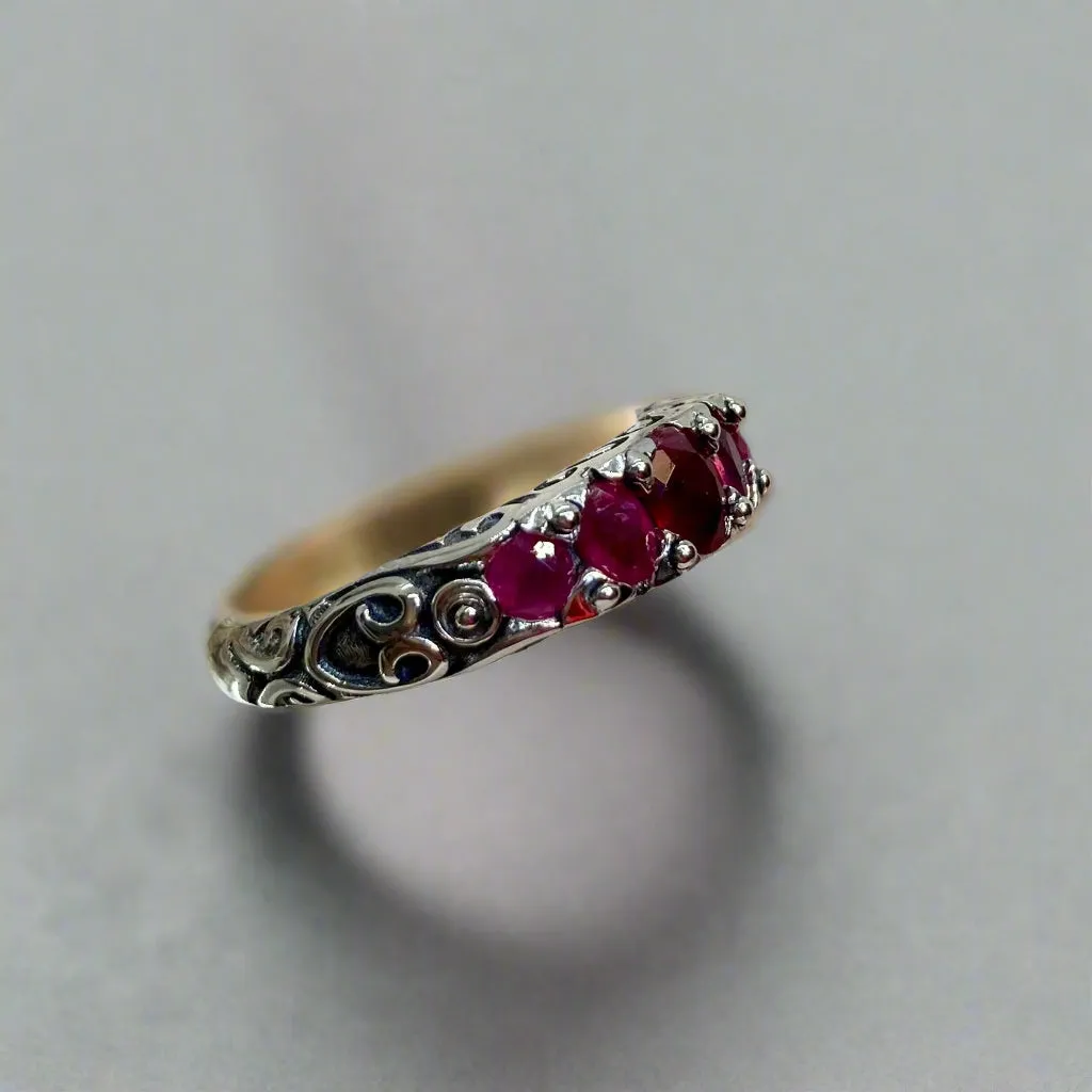 Natural Ruby Ring, 5-stone Georgian Victorian Jewelry #D19