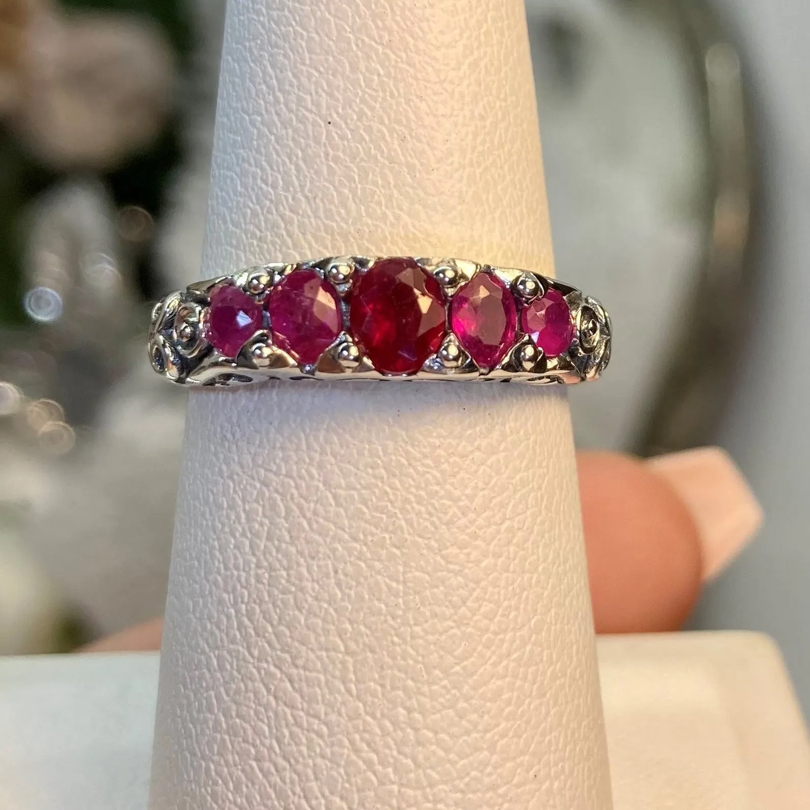 Natural Ruby Ring, 5-stone Georgian Victorian Jewelry #D19