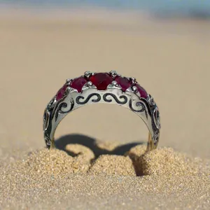 Natural Ruby Ring, 5-stone Georgian Victorian Jewelry #D19