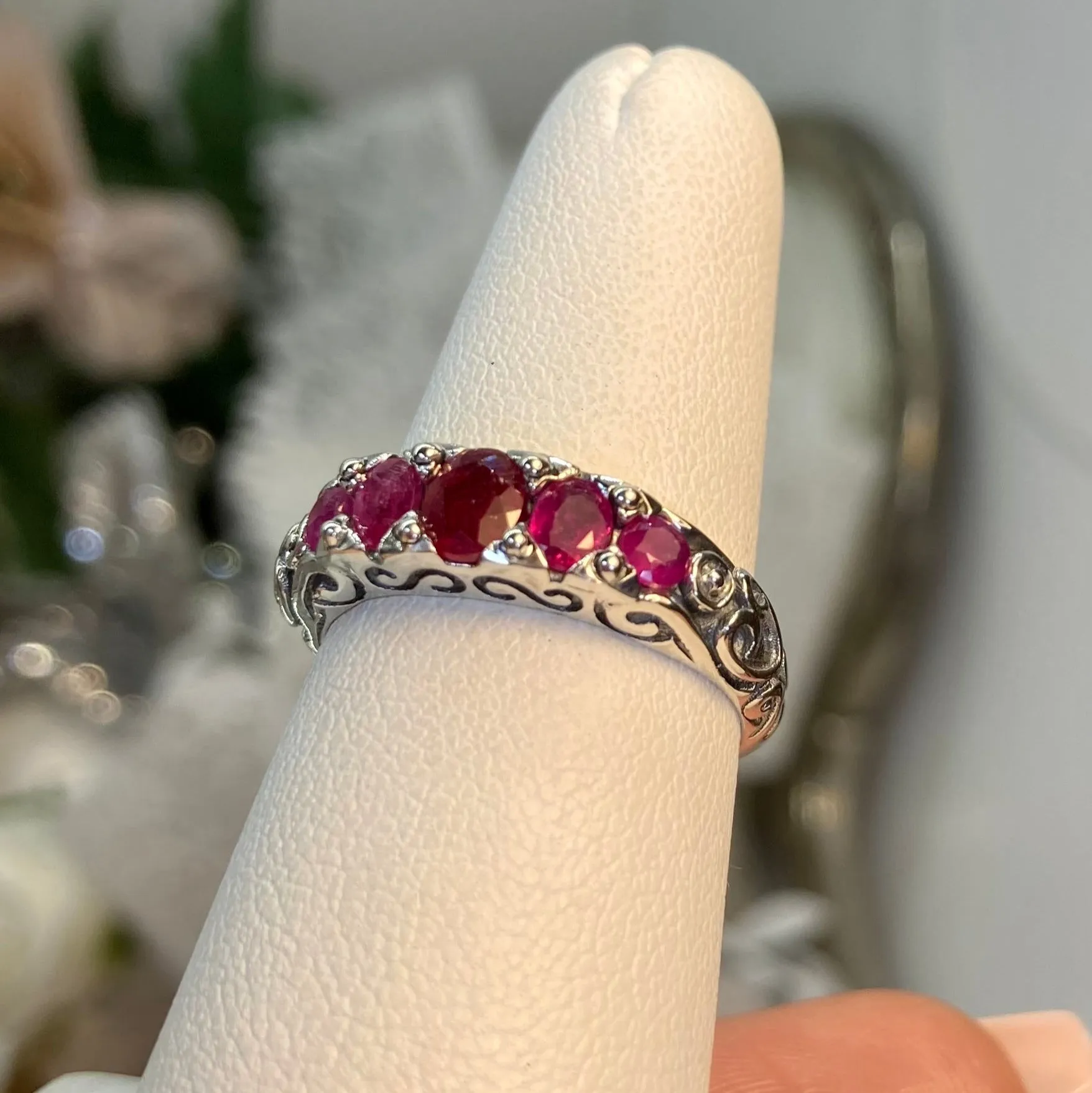 Natural Ruby Ring, 5-stone Georgian Victorian Jewelry #D19