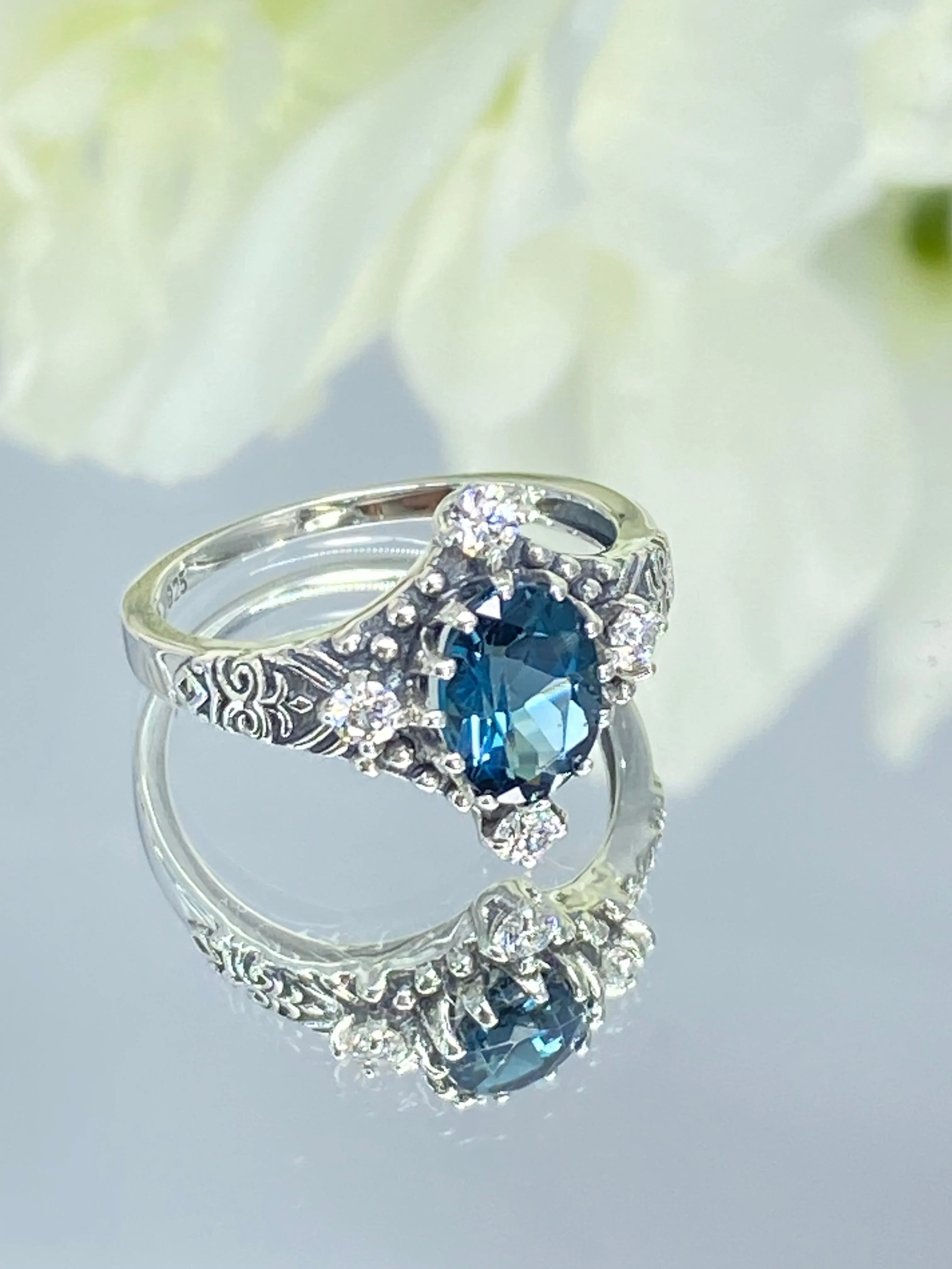 Natural Swiss Blue Topaz Ring, Size 7, Moissanite Accents, Victorian Filigree Jewelry #D24 - Ready to Ship